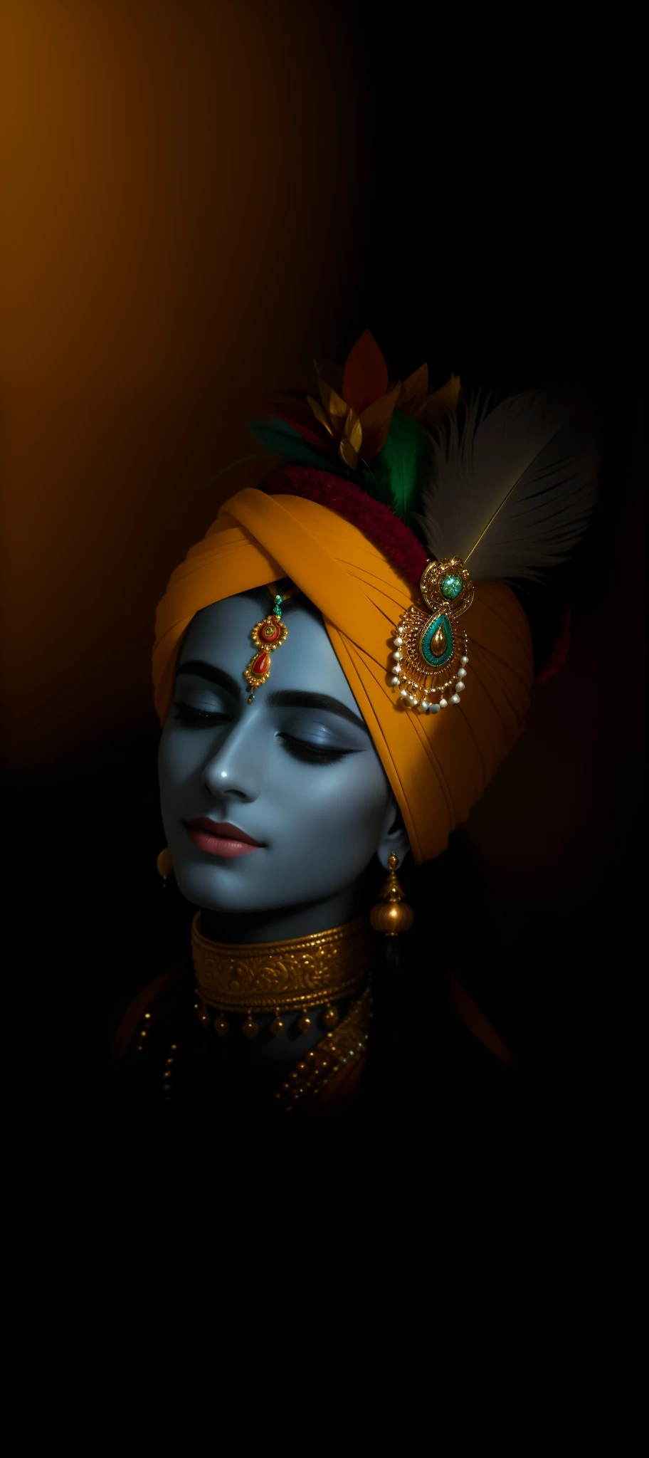 Close-up of a man with a feather on his head, Hindu god, An attractive male deity, color photograph portrait 4k, shy expression, dressed in intricate, an exhausted deity, serene expression, Regal and formidable appearance, His head is covered with jewels, a stunning portrait of a goddess, peaceful expression, portrait of a beautiful goddess, close up portrait shot, Stylish deity