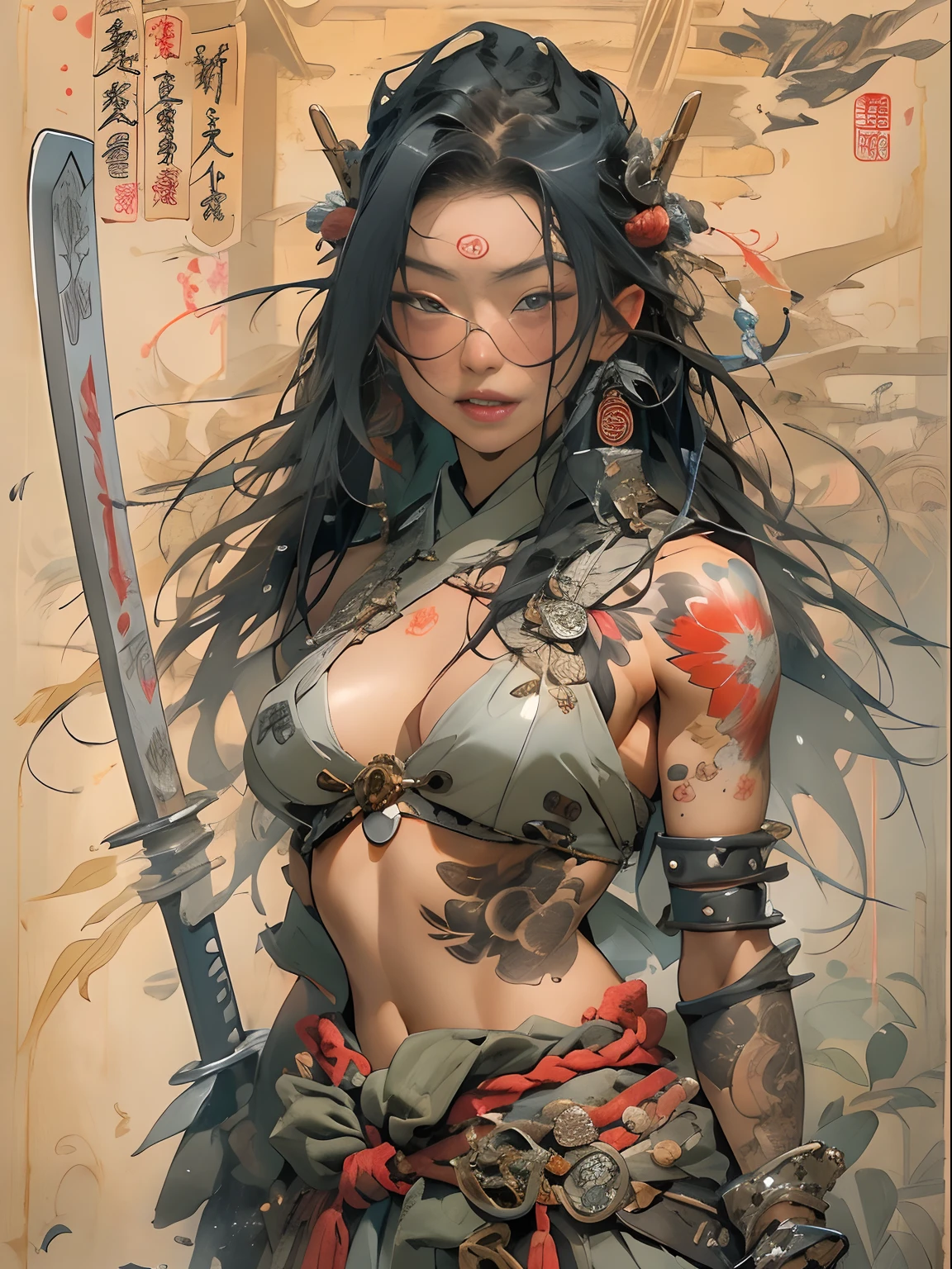 (((woman))), (((best qualityer))), (((tmasterpiece))), (((AS-Adult))), ((( Japanese ))), Look up from your knees, A beautiful asian samurai woman with perfect body, Modern samurai, ((( Asian))), Wear gloves on your hands,The left arm is made of steel and metal tips,Made of protective devices, The eyes are pulled, (( Appears below the breast )), (( Small dental floss )), Simon Bisley, Almost naked(Simon Bisley)Castle City Wilderness,For high-resolution posters, hair straight, Minimum clothing, armure (Crazy clothes ), Full of tips and rivets, tribal tattoos, (((full bodyesbian))), Straight brunette hair,Colored hair ends