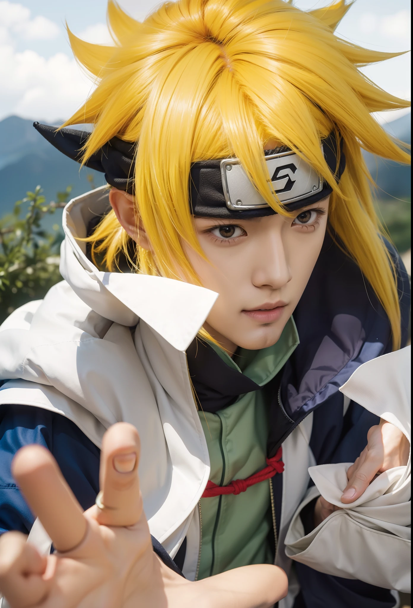 Real life adaption of this character,his name is Minato Namikaze from anime Naruto,Korean handsome handsome face,realistic yellow messy hair,realistic outfit with white cloak,realistic light,realistic shadow,realistic background,(photorealistic:1.2),hand fix