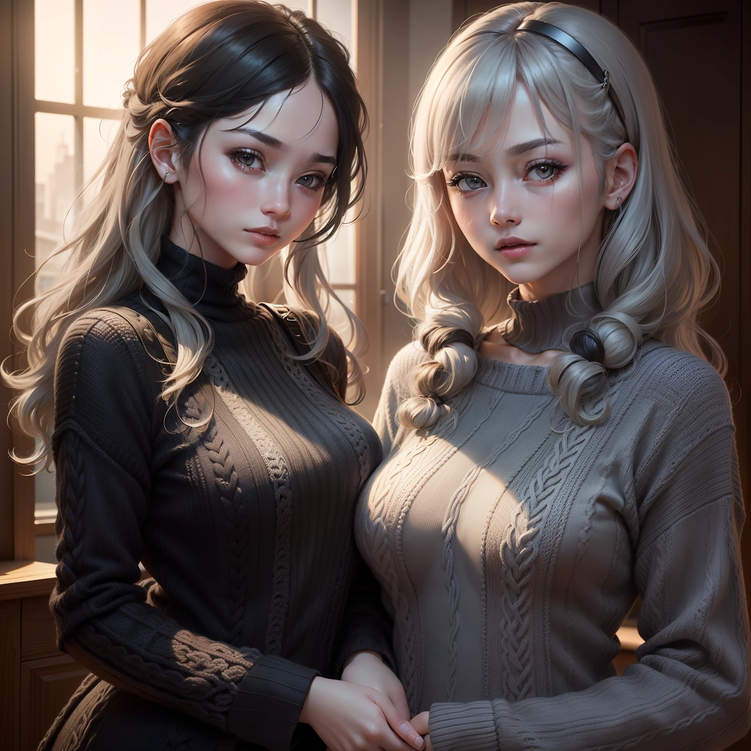 (masuter piece:1.3)、(8K、Photorealsitic、Raw photography、top-quality: 1.4)、(1girl in)、Beautiful expression、(Lifelike face)、(((The woman on the right has gray hair、short-hair:1.3)))、(((The woman on the left has black hair、semi long hair:1.3)))Beautiful hairstyle、realisticeyes、Beautiful details、(real looking skin)、Beautiful skins、(((knit)))、absurderes、enticing、超A high resolution、A hyper-realistic、high-detail、the golden ratio
