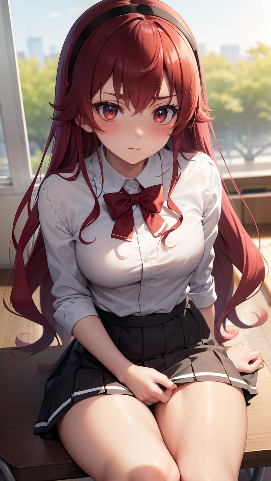 (masterpiece:1.2, highest quality), (realistic, photorealistic:1.4), beautiful illustrations,
looking at the viewer, whole body, Front view:0.6,
1 girl, Japanese, high School girl, ((long hair:1.5, redhead:1.8)), ((narrow and sharp eyes:1.9, Pink glowing eyes:1.5)), blown hair, bangs, hair between eyes, big breasts:1.8,
beautiful hair, beautiful and detailed eyes, beautiful clavicle, beautiful breasts, beautiful thighs, beautiful feet, beautiful fingers,
(classroom), , School,
((collared short sleeve shirt, white shirt, , Grey plaid pleated skirt, blue plaid bow tie, choker)),
(Are standing, grab the hem of the skirt, hand between legs),
blush