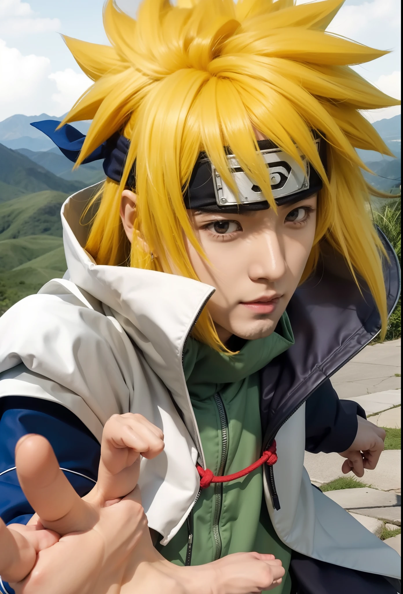 Real life adaption of this character,his name is Minato Namikaze from anime Naruto,Korean handsome handsome face,realistic yellow messy hair,realistic outfit with white cloak,realistic light,realistic shadow,realistic background,(photorealistic:1.2),realistic hand