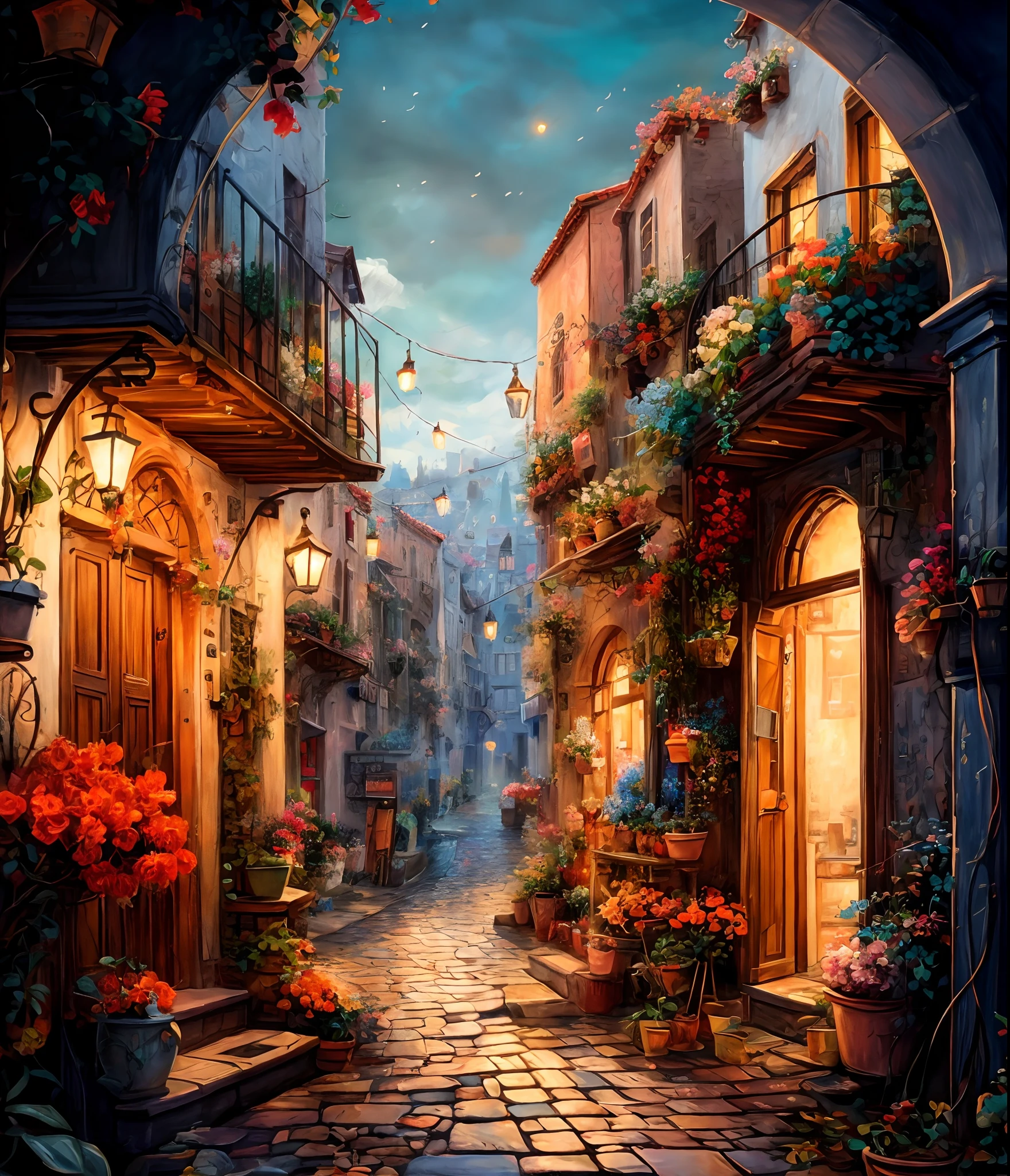 there is a painting of a street with flowers and plants, beautiful digital artwork, beautiful digital painting, beautiful art uhd 4 k, beautiful digital art, 4k highly detailed digital art, highly detailed digital painting, beautiful cityscape, 8k high quality detailed art, stylized digital art, very beautiful digital art, detailed painting 4 k, digital painting style, beautiful digital illustration