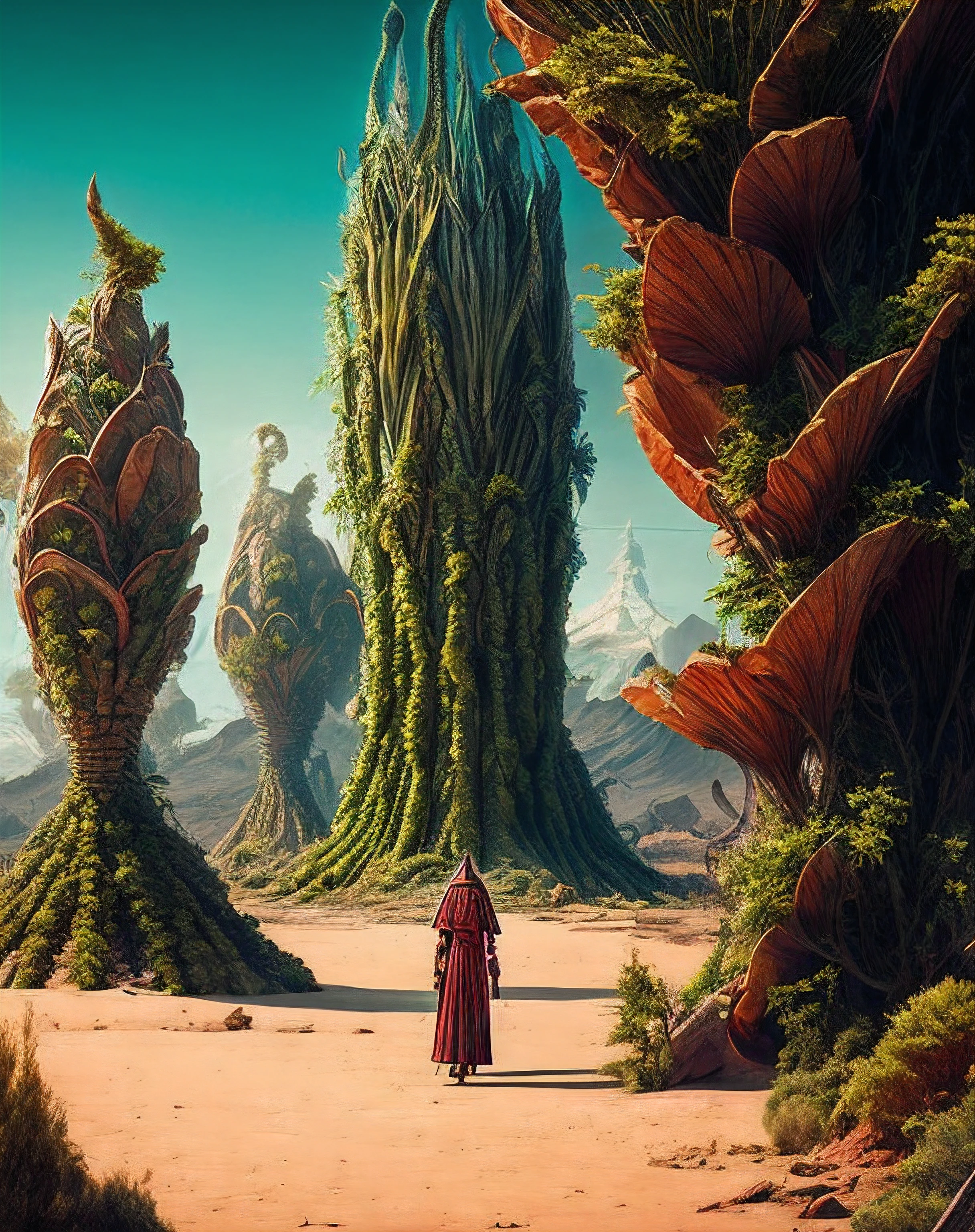 Humans in period costumes,alien worlds,Alien plants,alien monster,an alien landscape
