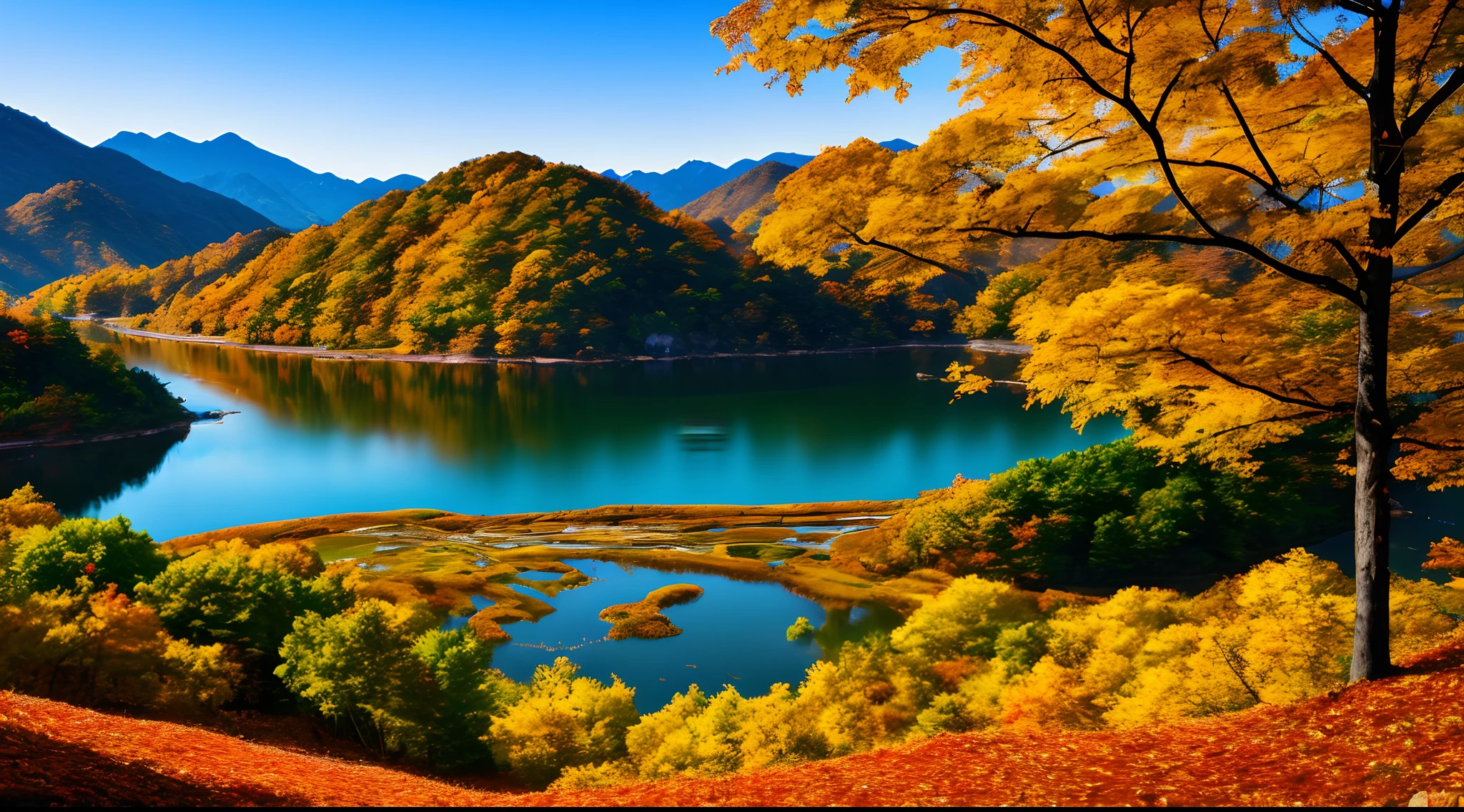 Beautiful mountains and lakes of Korea with autumn leaves, (masterpiece), (portrait), (raw photo), (highly detailed CG Unity 8k wallpaper) Intricate and clear focus, dramatic and realistic art