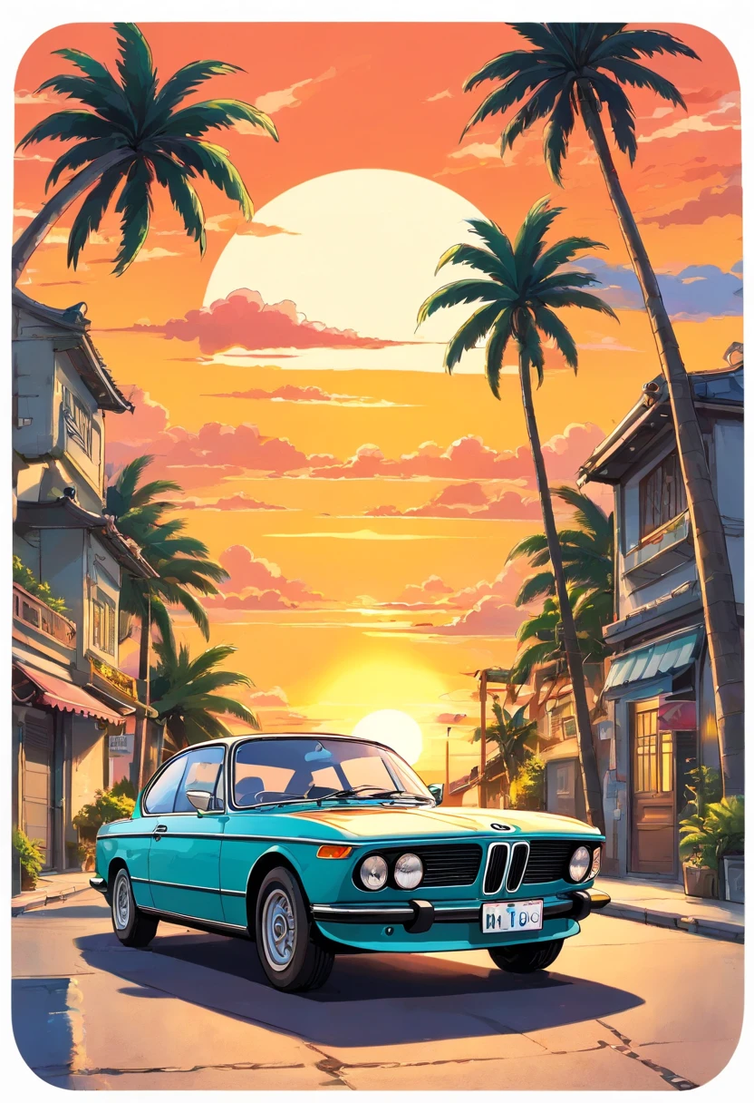 sticker design, BMW classic car, sunset background, palm trees, 5 layers colors, corner street, gendang beleq, presean