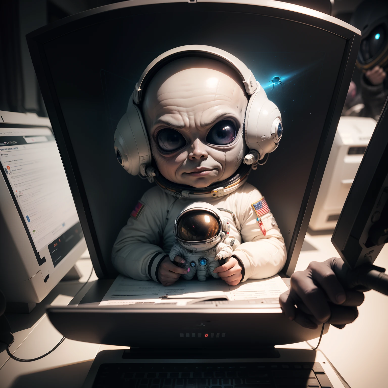 Cute Baby Chibi Anime、Realistic Aliens, Ultra Detailed Aliens, portrait of a humanoid alien, Aliens working on computers, Alien Art, Art Alien, Portrait of a gray alien, Alien Look, Gray aliens, Gray aliens, Gray aliens, Surreal sci-fi reality, (Evil alien astronaut:1.5), Scary person
