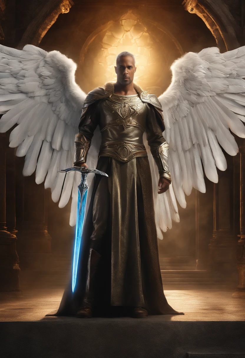 ((1 homem anjo)), Arcanjo Gabriel, ((1 homem)), olhos claros brilhantes, Biomechanicals, Rosto da Beleza, o Deus dos anjos, with a sparkling sword in his hands, Angel of justice , O mais belo dos anjos, cores muito brilhantes, light particles, com luz brilhante, Mshiff, Arte do papel de parede, papel de parede uhd, inspired by Archangel Gabriel