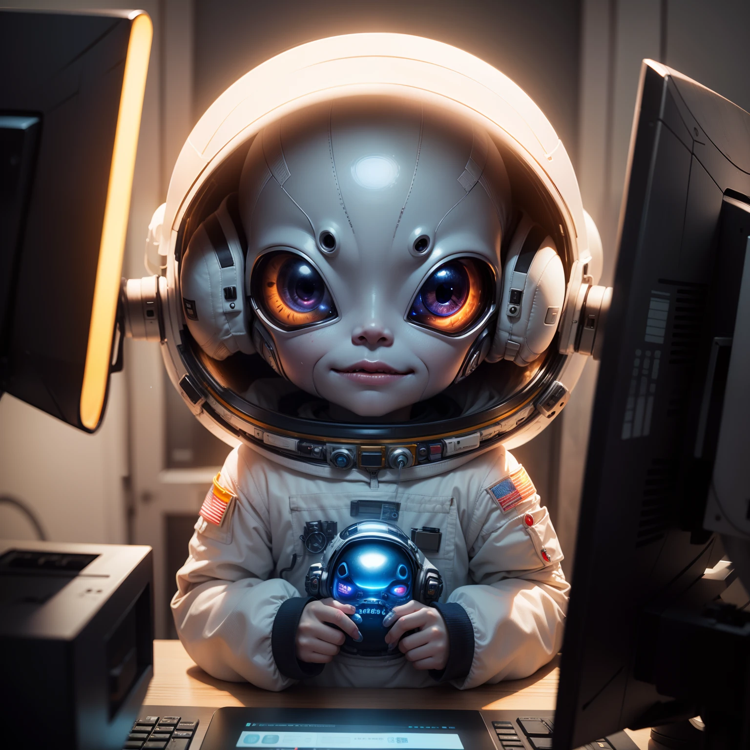 Cute Baby Chibi Anime、Realistic Aliens, Ultra Detailed Aliens, portrait of a humanoid alien, Aliens working on computers, Alien Art, Art Alien, Portrait of a gray alien, Alien Look, Gray aliens, Gray aliens, Gray aliens, Surreal sci-fi reality, (Evil alien astronaut:1.5), Scary person
