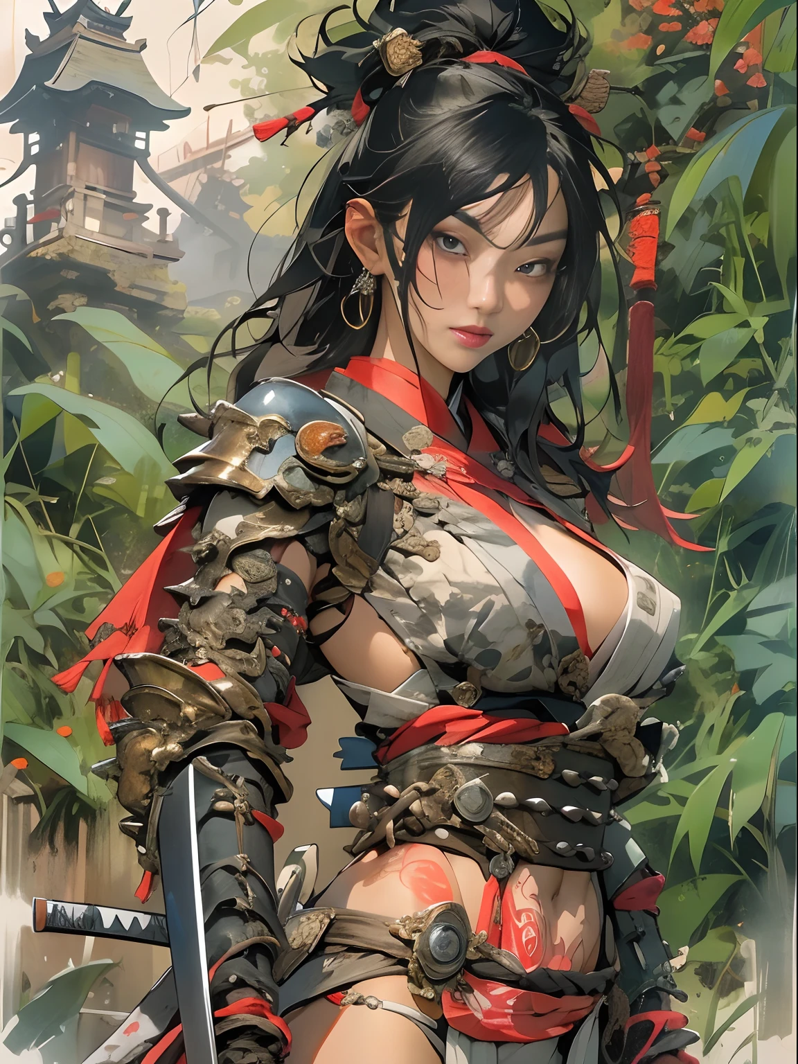 (((woman))), (((best qualityer))), (((tmasterpiece))), (((AS-Adult))), ((( Japanese ))), Look up from your knees, A beautiful asian samurai woman with perfect body, Modern samurai, ((( Asian))), Wear gloves on your hands，The left arm is made of steel and metal tips，Made of protective devices, The eyes are pulled, (( Appears below the breast )), (( Small dental floss )), Simon Bisley, Almost naked（Simon Bisley）Castle City Wilderness，For high-resolution posters, hair straight, Minimum clothing, armure (Crazy clothes ), Full of tips and rivets, tribal tattoos, (((full bodyesbian))), Straight brunette hair，Colored hair ends