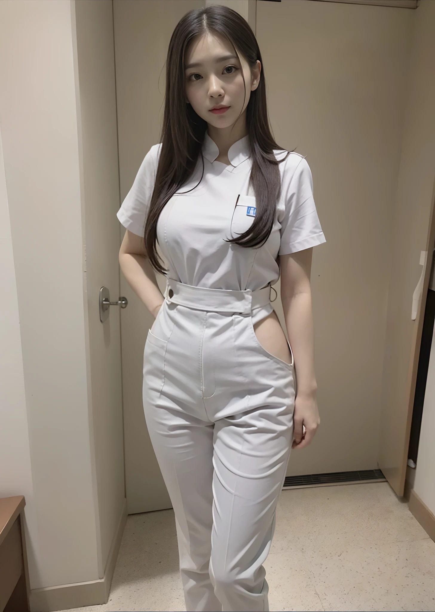 There was a woman in a white uniform, Nurse, full-body xianxia, nurse girl, healthcare worker, Fitted nurse uniform,Split nurse overalls,Skinny white trousers,Nice nurse shoes,Beautiful face,medium boob,petite and slender figure,Stand dignified and generous,fully body photo