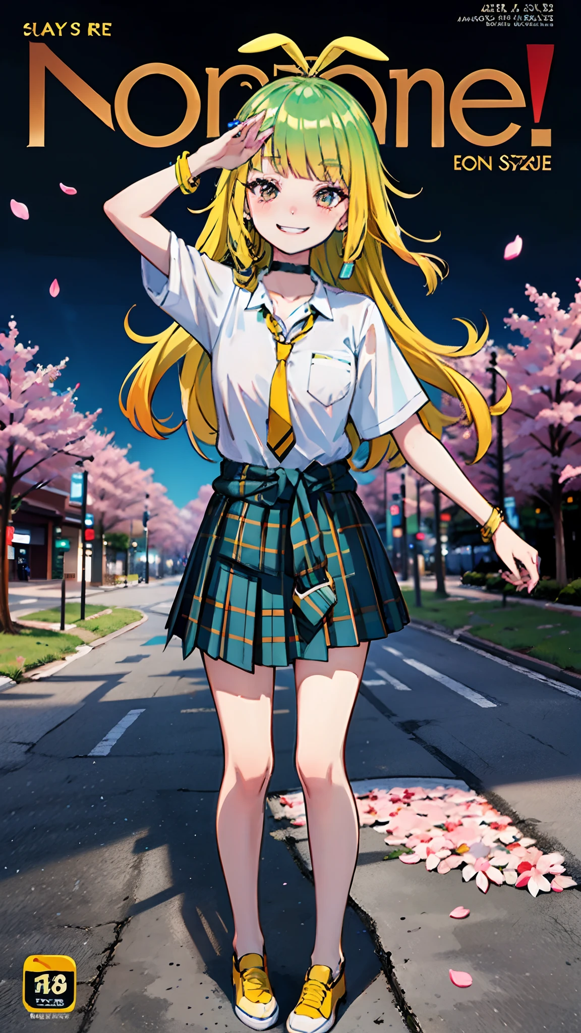 masterpiece, best quality,  full body,
1girl, bangs, black choker, black necktie, blonde hair, blue skirt, blush, bracelet, breasts, choker, clothes around waist, collarbone, collared shirt, cowboy shot, dress shirt, ear piercing, eyebrows visible through hair, gradient hair, grin, gyaru, jewelry, kogal, long hair, looking at viewer, loose necktie, necktie, piercing, plaid, plaid skirt, pleated skirt, red eyes, ring, school uniform, shirt, skirt, smile, solo, white shirt,
street, sky, cherry blossoms, petals,illustration, (magazine:1.3), (cover-style:1.3), fashionable, woman, vibrant, outfit, posing, front, colorful, dynamic, background,  elements, confident, expression, holding, statement, accessory, majestic, coiled, around, touch, scene, text, cover, bold, attention-grabbing, title, stylish, font, catchy, headline, larger, striking, modern, trendy, focus, fashion,