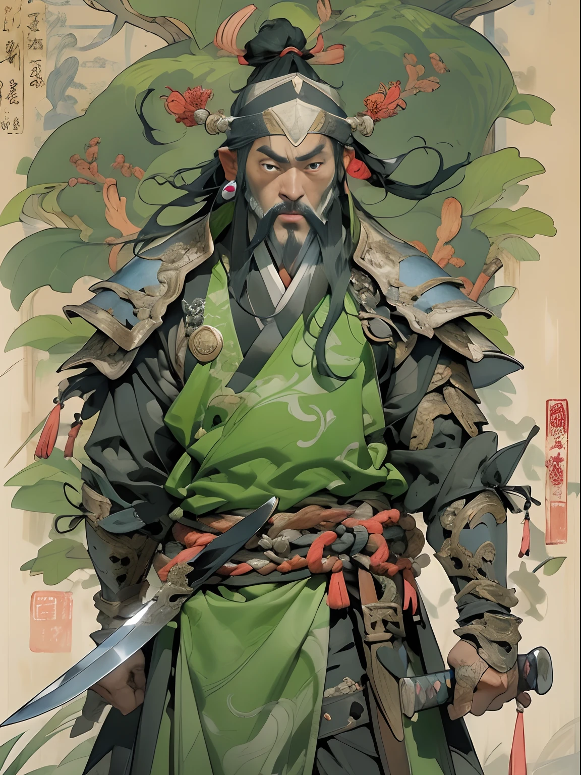 (((China-style,Ink painting method,Half-length portrait,Intense color,Han dynasty, China,Hanfu,Armor,Guan yu,Guan Yunchang,of a guy,Ruddy killing square face,Hold it with your right hand(Close the knife)Qinglong Weir Moon Knife,Stroke your beard with your left hand,Long hair,petty eyes,Green robe))), (((best qualityer))), (((tmasterpiece))), (((AS-Adult))), ((( Japanese ))), Look up from your knees, Handsome Asian samurai,perfect body figure, Modern samurai, ((( Asian))), Wear gloves on your hands,The left arm is made of steel and metal tips,Made of protective devices, The eyes are pulled, (( Appears below the chest )), (( Small dental floss )), Simon Bisley, Almost naked(Simon Bisley)Castle City Wilderness,For high-resolution posters, hair straight, Minimum clothing, armure (Crazy clothes ), Full of tips and rivets, tribal tattoos, (((full bodyesbian))), Straight brunette hair,Colored hair ends