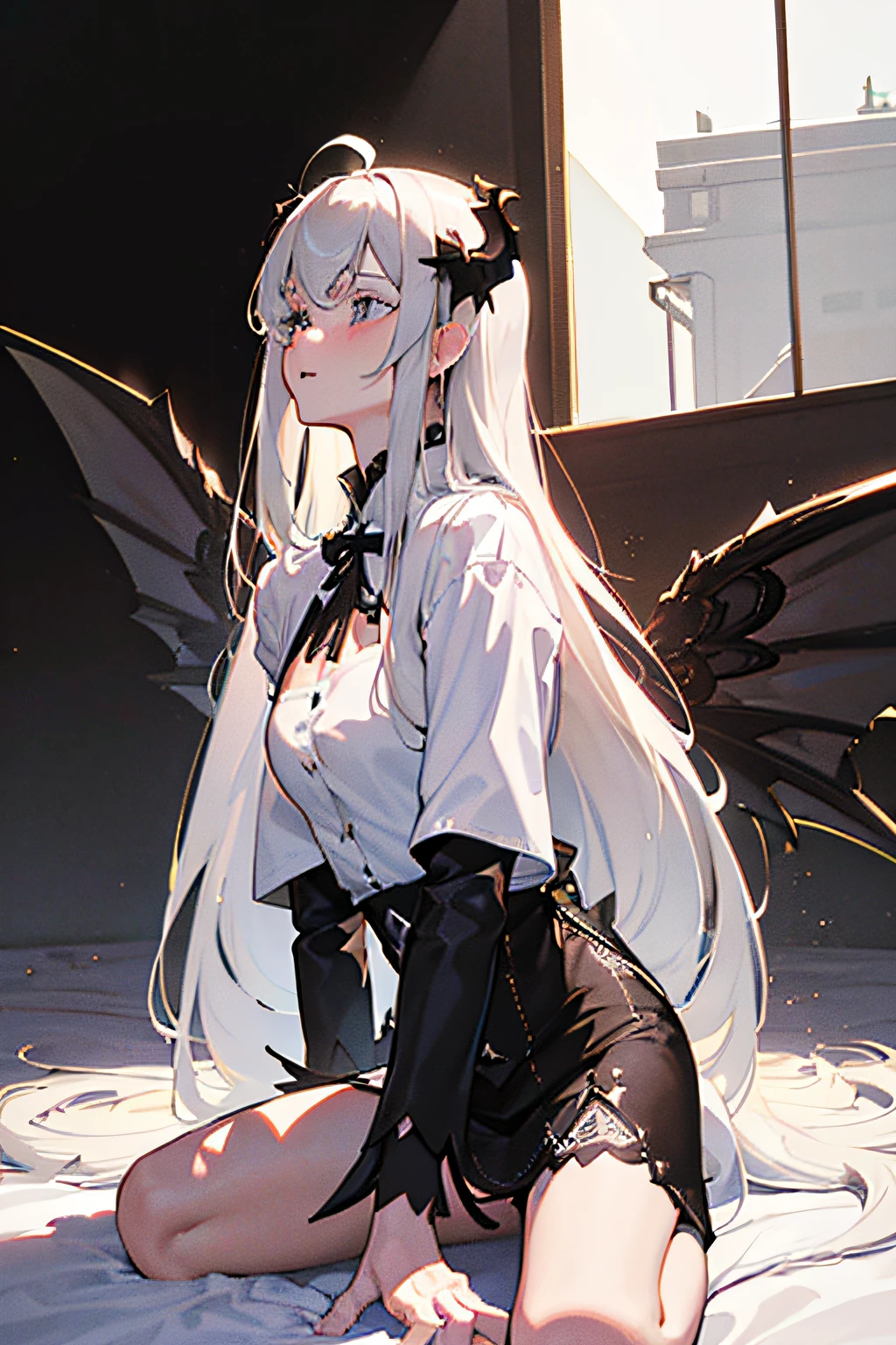 ((masterpiece, best quality)), (1girl), (solo), (female focus), (ahoge, ash blonde hair, long hair), green eyes, ((white shirt), (buttoned shirt)), ((black skirt), (short skirt)), standing, white background, arms behind back, (bat wings on the waist), (sheep horns), sad eyes, cold facial expression, cold look, pale skin, colour grading, dark illustration, extreme quality, extremely detailed, ultra hd 8k, ultra digitality, mythical, dark lightning, sleepy eyes, detailed hands, fine details, ash blonde haired deity, grey-haired, girl with ash blonde hair, nier:automata inspired, nier : automata inspired, grey haired, ash blonde hair girl, perfect grey haired girl, Full body of a person with long hair and a black shirt