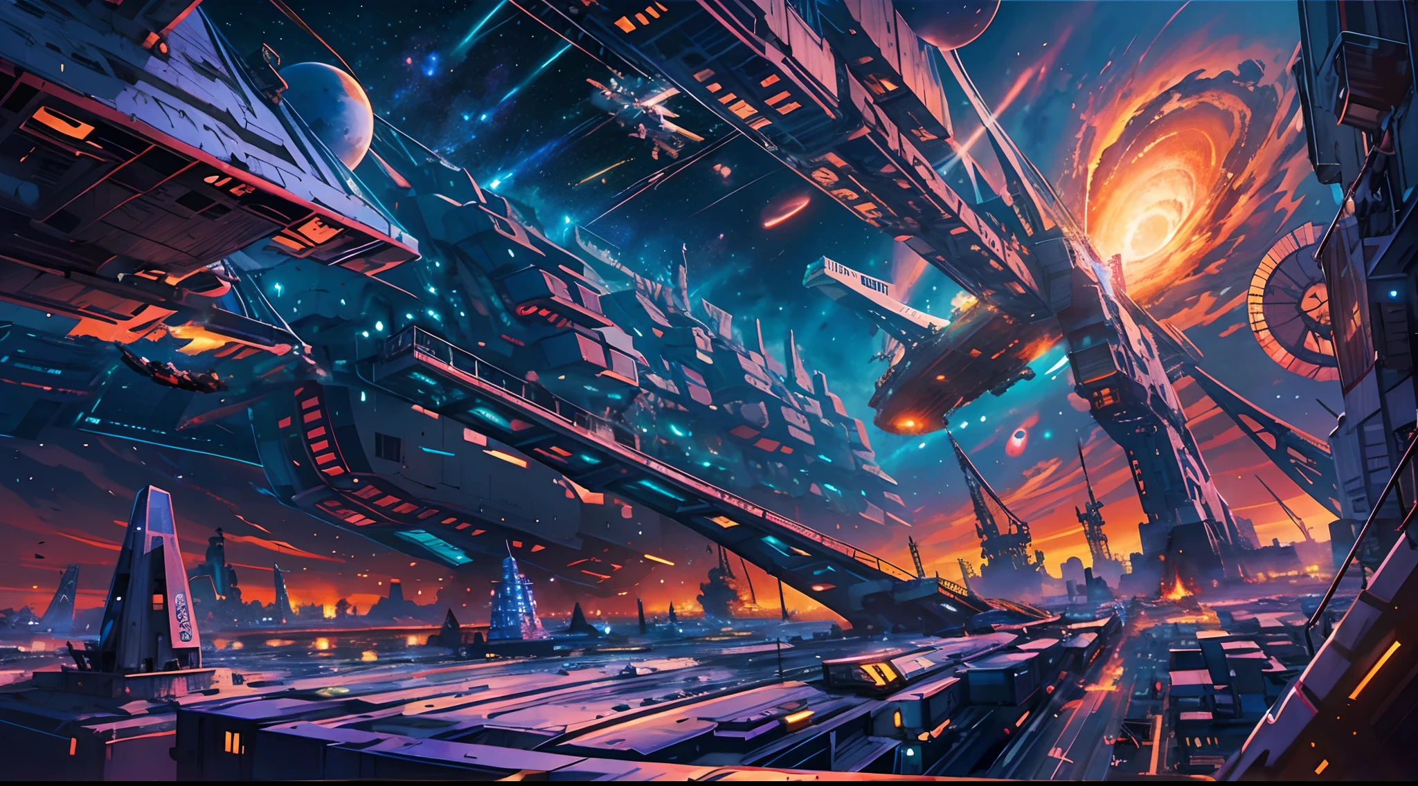 an exhilarating narrative of a space piracy clash amidst the captivating backdrop of a vibrant blue celestial body. Immerse us in the chaos of laser beams zipping through the cosmos, orbital strikes igniting the void, and the mesmerizing interplay of shadows and dazzling light. Infuse the description with the dynamic maneuvers and postures of the dueling ships to paint a cinematic masterpiece of this epic space