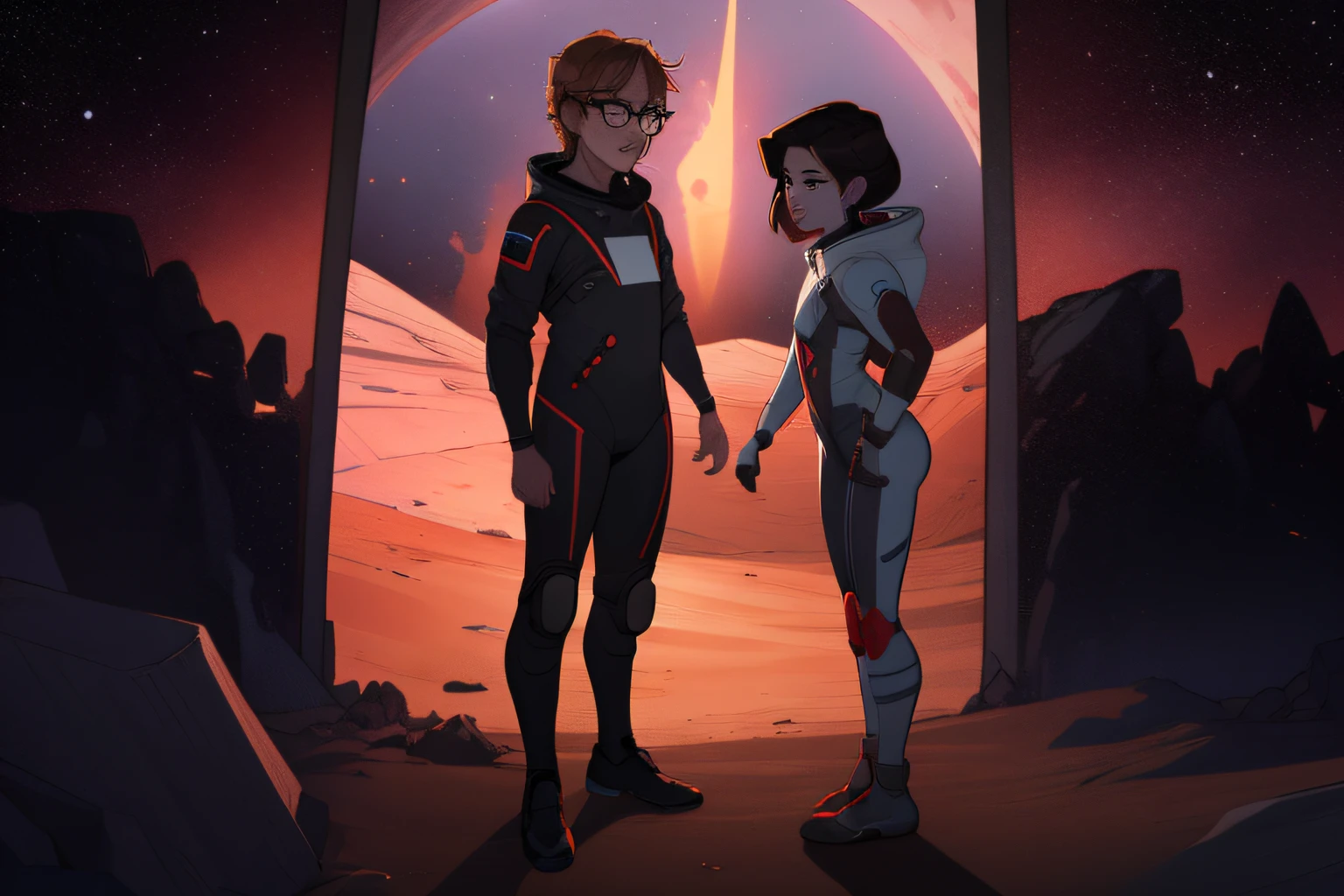 1boy, 1girl, close up, standing together, A futuristic Martian landscape, The Martian sky is bathed in an eerie red hue, the boy is Yi, Yi is tall, Yi has black hair and wears space suit and glasses, the girl is allison, allison has brown hair, allison wears space suit