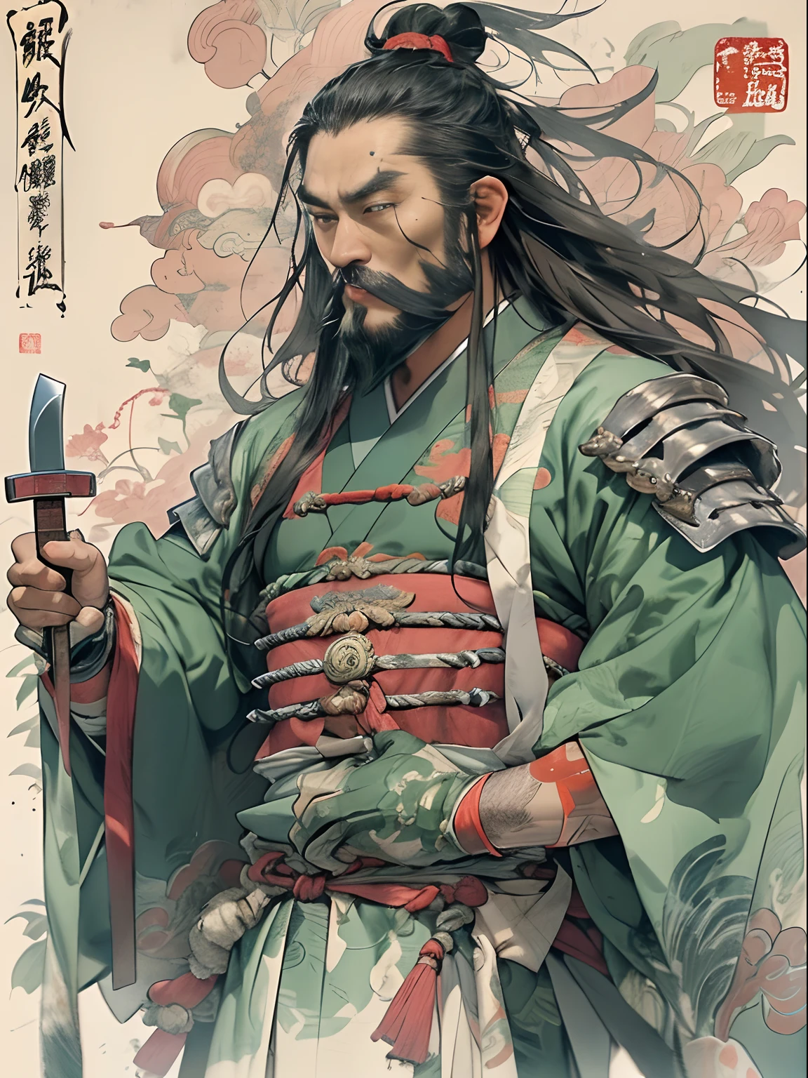 (((China-style,Ink painting method,Half-length portrait,Intense color,Han dynasty, China,Hanfu,Armor,Guan yu,Guan Yunchang,of a guy,Ruddy killing square face,Hold it with your right hand(Close the knife)Qinglong Weir Moon Knife,Stroke your beard with your left hand,Long hair,petty eyes,Green robe))), (((best qualityer))), (((tmasterpiece))), (((AS-Adult))), ((( Japanese ))), Look up from your knees, Handsome Asian samurai,perfect body figure, Modern samurai, ((( Asian))), Wear gloves on your hands,The left arm is made of steel and metal tips,Made of protective devices, The eyes are pulled, (( Appears below the chest )), (( Small dental floss )), Simon Bisley, Almost naked(Simon Bisley)Castle City Wilderness,For high-resolution posters, hair straight, Minimum clothing, armure (Crazy clothes ), Full of tips and rivets, tribal tattoos, (((full bodyesbian))), Straight brunette hair,Colored hair ends