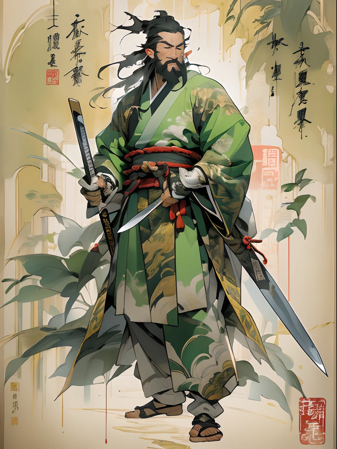 (((China-style,Ink painting method,Half-length portrait,Intense color,Han dynasty, China,Hanfu,Armor,Guan yu,Guan Yunchang,of a guy,Ruddy killing square face,Hold it with your right hand(Close the knife)Qinglong Weir Moon Knife,Stroke your beard with your left hand,Long hair,petty eyes,Green robe))), (((best qualityer))), (((tmasterpiece))), (((AS-Adult))), ((( Japanese ))), Look up from your knees, Handsome Asian samurai,perfect body figure, Modern samurai, ((( Asian))), Wear gloves on your hands,The left arm is made of steel and metal tips,Made of protective devices, The eyes are pulled, (( Appears below the chest )), (( Small dental floss )), Simon Bisley, Almost naked(Simon Bisley)Castle City Wilderness,For high-resolution posters, hair straight, Minimum clothing, armure (Crazy clothes ), Full of tips and rivets, tribal tattoos, (((full bodyesbian))), Straight brunette hair,Colored hair ends