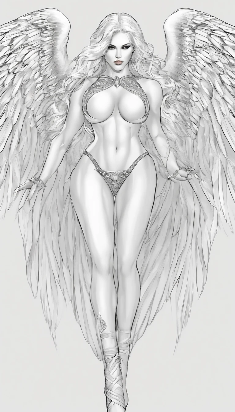 Divine six-winged angel,angelic halo,with light glowing,Extra-long white hair dragged on the ground,huge boob,Well-developed muscles,Huge wide hips,Pronounced abs,thick leg,long leges,Thick leg muscles,Gorgeous high heels,Large area tattoos,Light particles,Holy,Clothes are not covered,sexy for,Realistic style,HDR Ultra Clear,full body shot shot