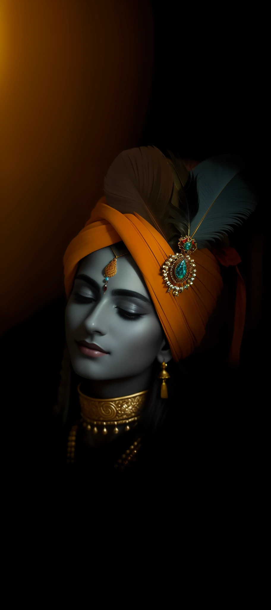Close-up of a man with a feather on his head, Hindu god, An attractive male deity, color photograph portrait 4k, shy expression, Dressed in intricate, an exhausted deity, serene expression, Regal and formidable appearance, His head is covered with jewels, a stunning portrait of a goddess, peaceful expression, portrait of a beautiful goddess, close up portrait shot, Stylish deity