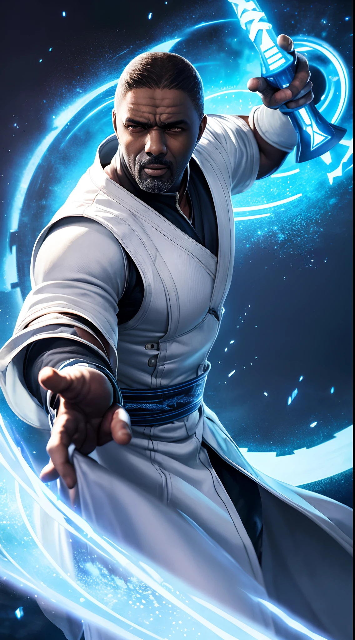 actor ((Idris Elba)) as Raiden, Mortal Kombat, wears white robe, a vietnamese hat, glowing blue eyes, wields staff, God of Thunder, protector of Earthrealm, intricate, high detail, sharp focus, dramatic, photorealistic painting art by greg rutkowski