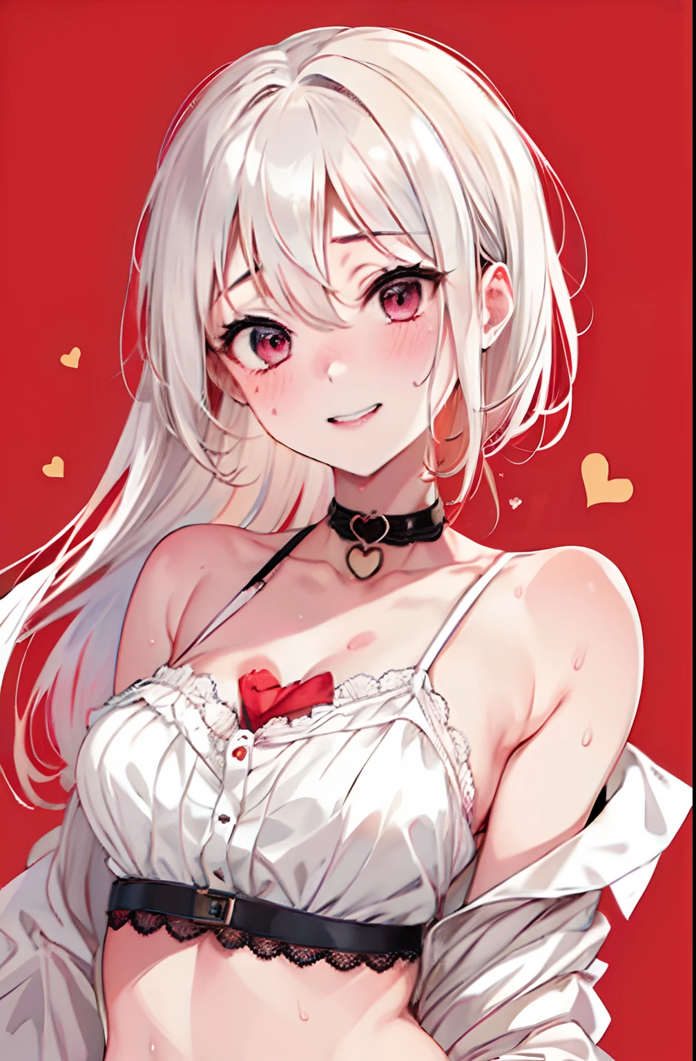 1girl in, Heart-shaped pupil, Fingernails, White hair, Purple eyes, (blush:1.1), Choker, Upper body, trembling, Sweat, sweat drop, heart mark, (medium breasts:0.6), koi, heart mark, croptop, Happy, Smile,  Lace, Bokeh, (freckle:0.8), Natural Skin Texture, Portrait, (Red_Background:1.3),