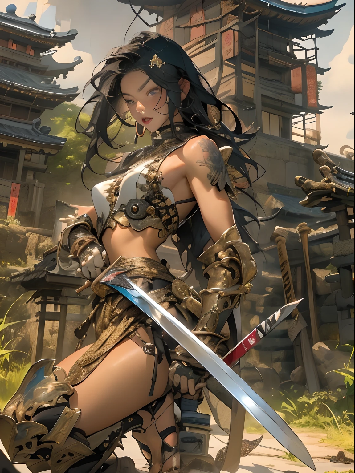 (((woman))), (((best qualityer))), (((tmasterpiece))), (((AS-Adult))), ((( Japanese ))), Look up from your knees, A beautiful asian samurai woman with perfect body, Modern samurai, ((( Asian))), Wear gloves on your hands,The left arm is made of steel and metal tips,Made of protective devices, The eyes are pulled, (( Appears below the breast )), (( Small dental floss )), Simon Bisley, Almost naked(Simon Bisley)Castle City Wilderness,For high-resolution posters, hair straight, Minimum clothing, armure (Crazy clothes ), Full of tips and rivets, tribal tattoos, (((full bodyesbian))), Straight brunette hair,Colored hair ends