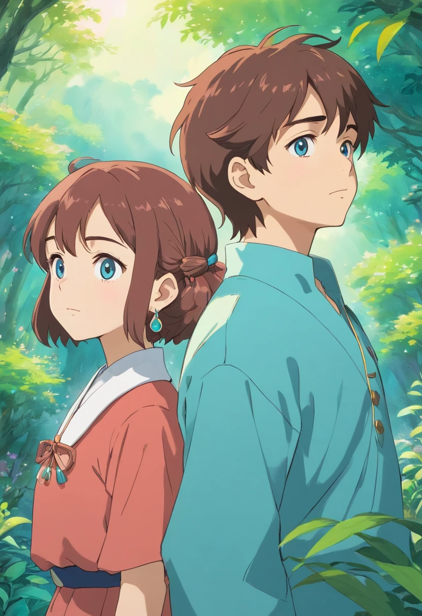 2 girl and 1 boy wearing an anime collar, a long necklace and earrings, in the style of tranquil gardenscapes, colorful animation stills, masami teraoka, aquamarine, paul gauguin, Embry style, honest portrayal