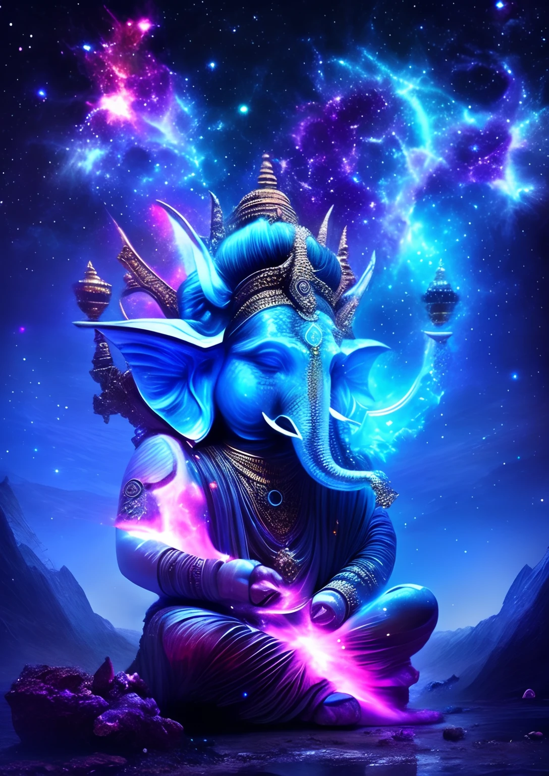 dreamlikeart, galaxy, outer space, nebula, star, [cyberpunked] Ganesha from the stars (star:1.5),