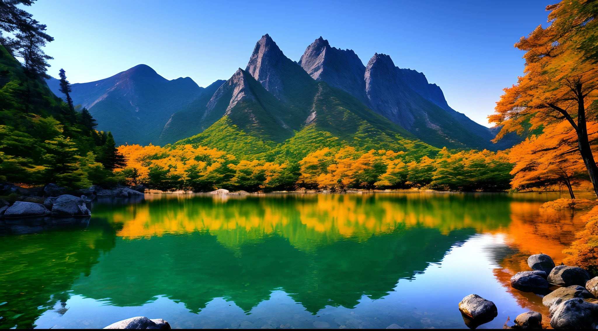 A beautiful Korean mountain and lake, (masterpiece), (portrait), (raw photo), (highly detailed CG unity 8k wallpaper) intricate, sharp focus, dramatic, realistic art