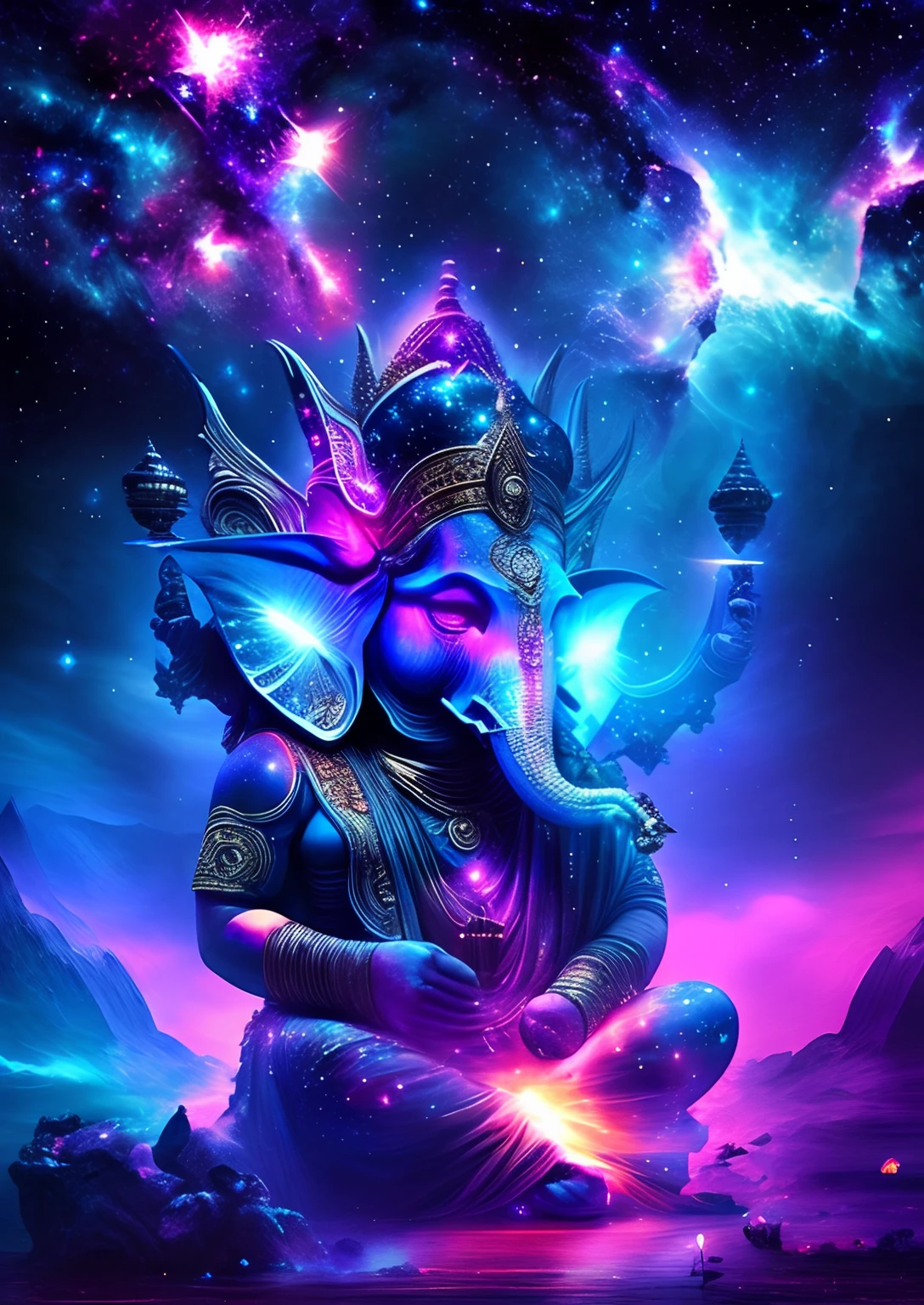 dreamlikeart, galaxy, outer space, nebula, star, [cyberpunked] Ganesha from the stars (star:1.5),