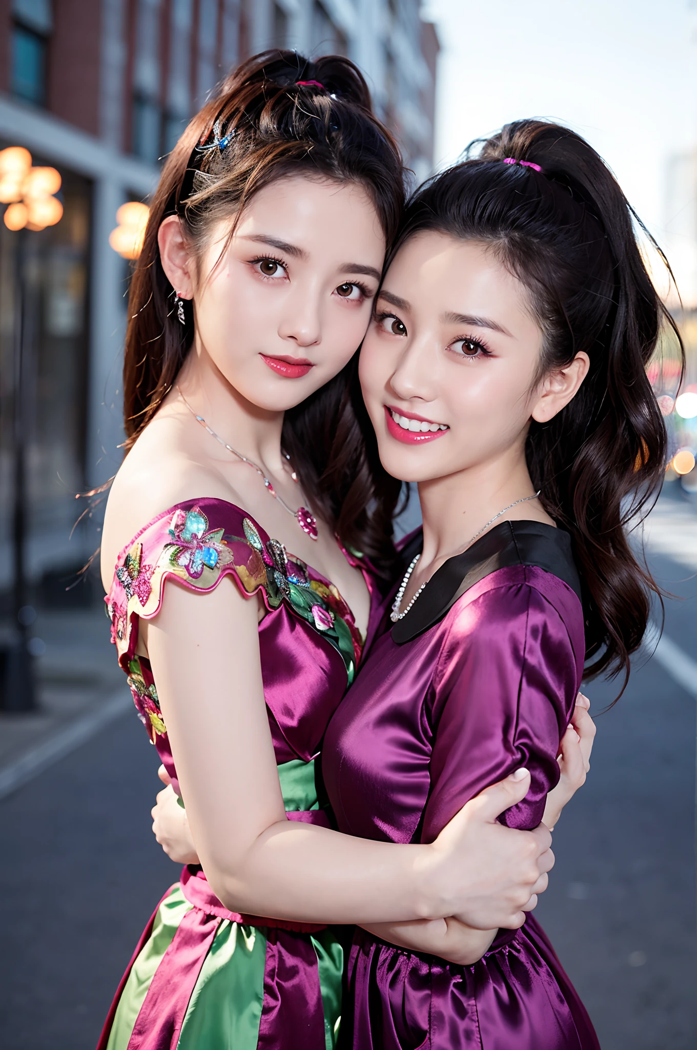 Best quality, Masterpiece, Extremely detailed, high resolution, 4K, 超高分辨率, Detailed shadows, Perfect light and shadow,duo, Two girls in trendy costumes taking selfies on the street, Fantasy world,colorful pigtail, anime cosplaying, Anime style mixed with Fujifilm, Cute, big laughter, , Sexy,(Alebriès Art Style),PureErosFace_V1,Urzang-6500-V1 Edition.1,fantasyoutfit,The princess's eyes widened,Necklace of dreams,Fantastic ribbons,Dream rings,Fantastic jewelry,Fantastic hair accessory,Dream belt,Studio light,