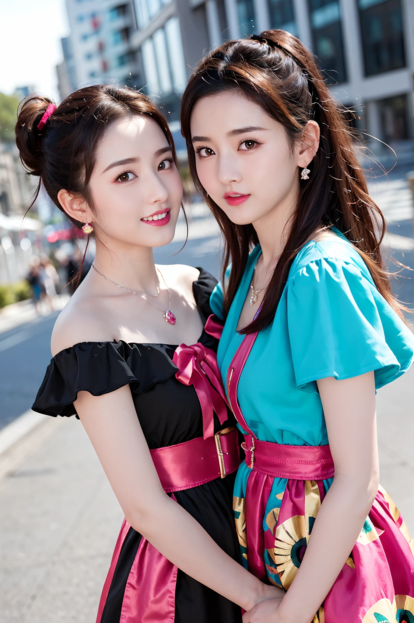 Best quality, Masterpiece, Extremely detailed, high resolution, 4K, 超高分辨率, Detailed shadows, Perfect light and shadow,duo, Two girls in trendy costumes taking selfies on the street, Fantasy world,colorful pigtail, anime cosplaying, Anime style mixed with Fujifilm, Cute, big laughter, , Sexy,(Alebriès Art Style),PureErosFace_V1,Urzang-6500-V1 Edition.1,fantasyoutfit,The princess's eyes widened,Necklace of dreams,Fantastic ribbons,Dream rings,Fantastic jewelry,Fantastic hair accessory,Dream belt,Studio light,