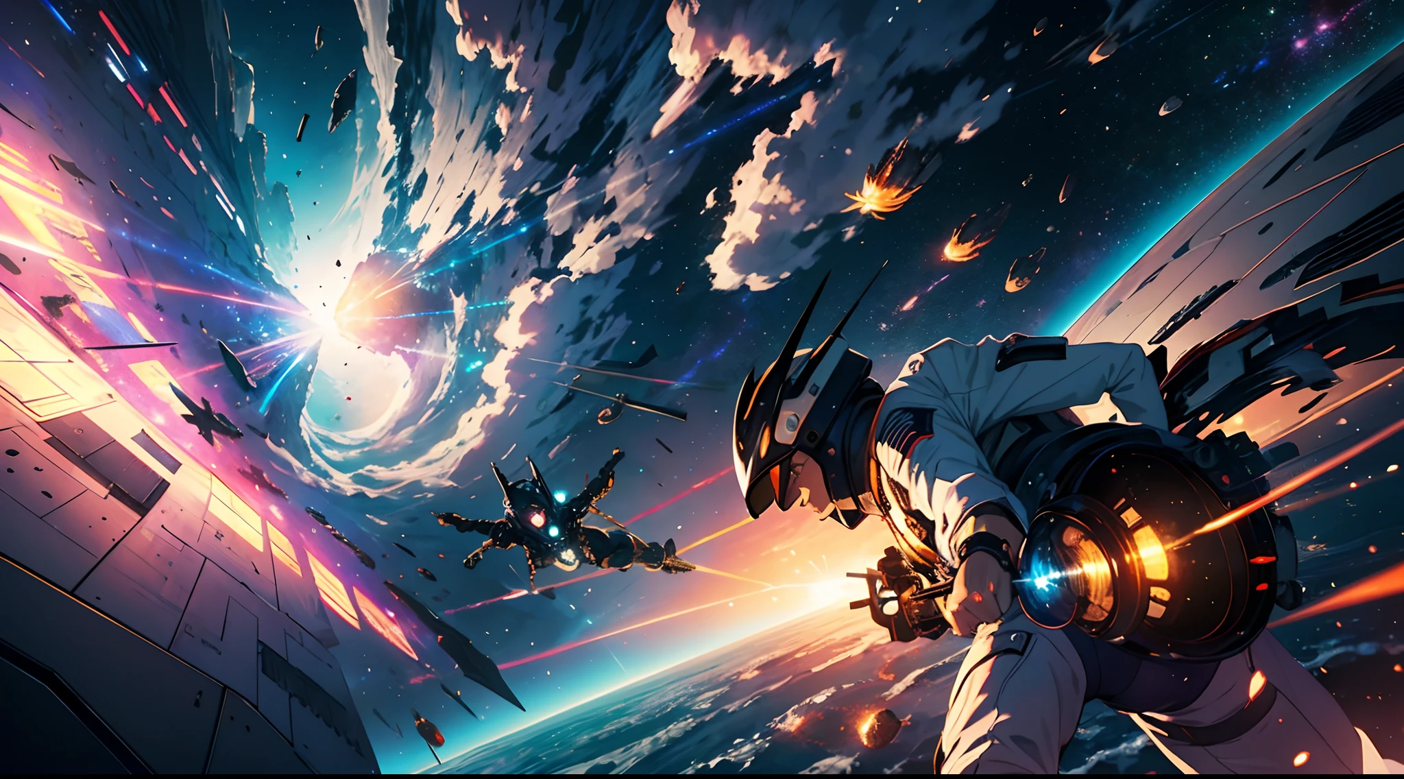 an exhilarating narrative of a space piracy clash amidst the captivating backdrop of a vibrant blue celestial body. Immerse us in the chaos of laser beams zipping through the cosmos, orbital strikes igniting the void, and the mesmerizing interplay of shadows and dazzling light. Infuse the description with the dynamic maneuvers and postures of the dueling ships to paint a cinematic masterpiece of this epic space