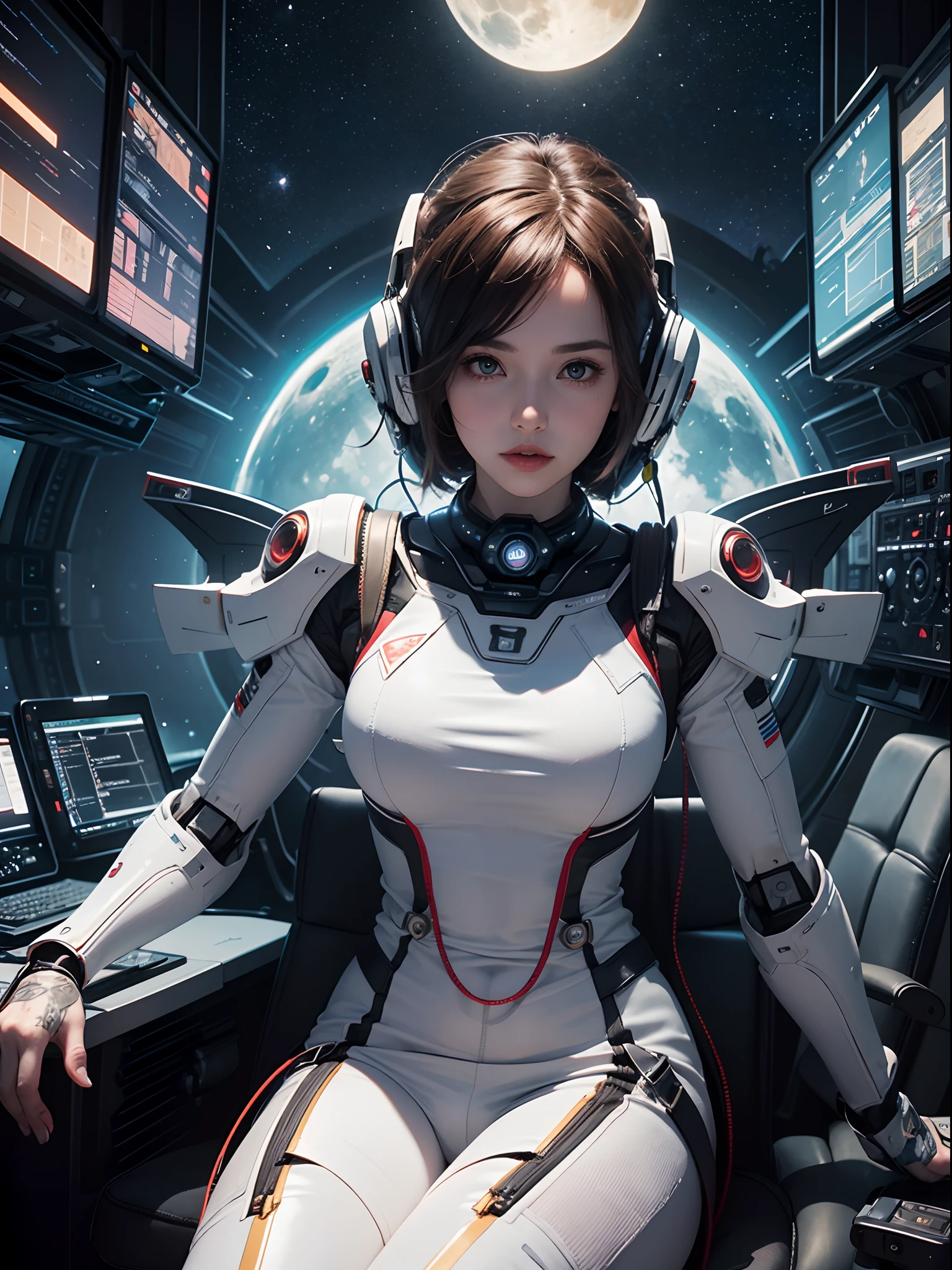 Unbeatable masterpiece, Ultra photo realsisim, Perfect artwork, Intricate details, Best quality, Strong light , High contrast, Dynamic pose, Dutch angle , solo , large breasts , 1girl , (spacesuit:1.1) ,staravia , floating hair , science fiction , in aspaceship , console , sit in front of theconsole , sci-fi decorations , huge robotsflying outside the window , Let's gohorizontally and vertically. , Or buried fishbones in the moon , To find the phantom cat, To an alien wedding , Let's ride a shootingstar roller coaster ,