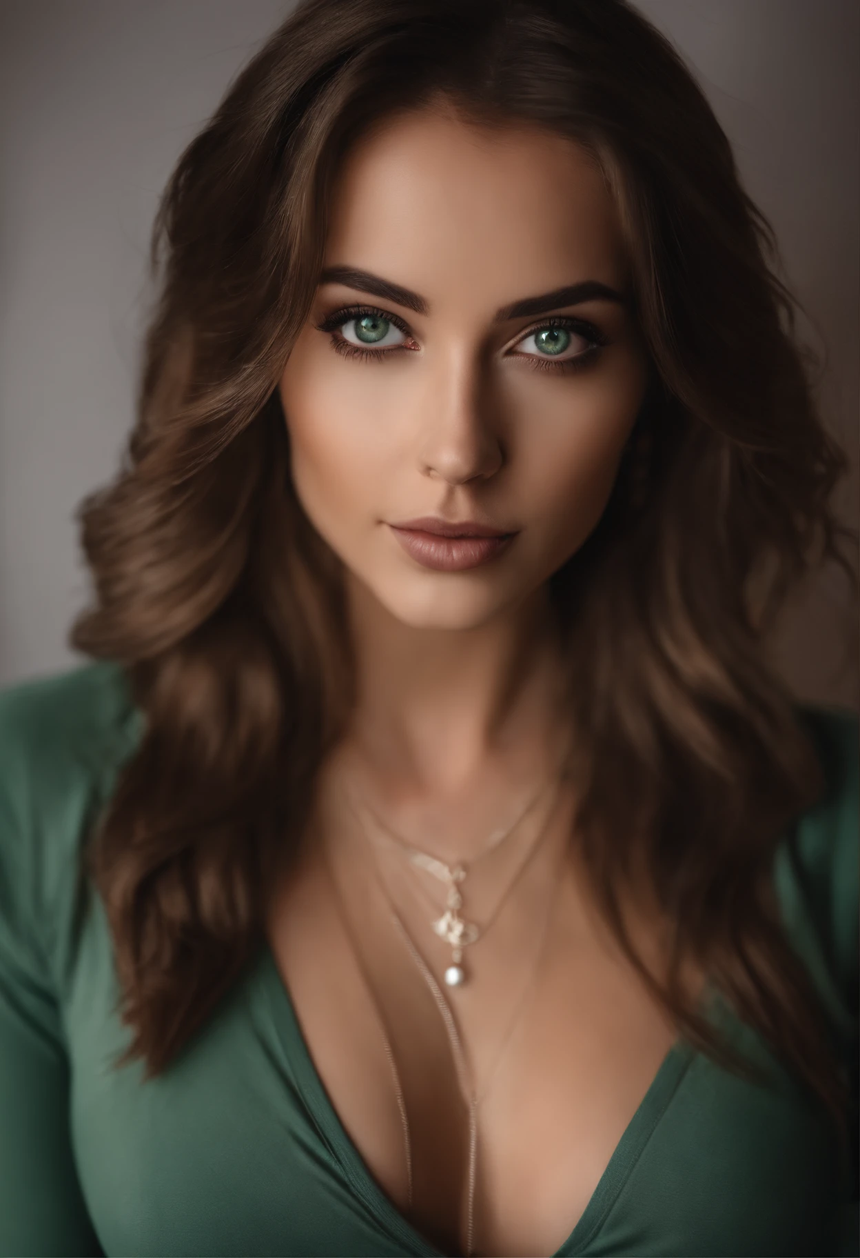 Arafed woman with white tank top and necklace, Sexy girl with green eyes, portrait sophie mudd, brown hair and big eyes, Selfie einer jungen Frau, Augen im Schlafzimmer, Violet Myers, ohne Make-up, Natural makeup, Blick direkt in die Kamera, Gesicht mit Artgram, dezentes Make-up, Stunning full body shot, piercing green eyes, Nice angle, attraktive Pose, Cute girl, sexy Pose, Full body image, full entire body, full body shoot, brunette goddess, Hohe Detailgenauigkeit, Zufriedene Pose, Lederhose
