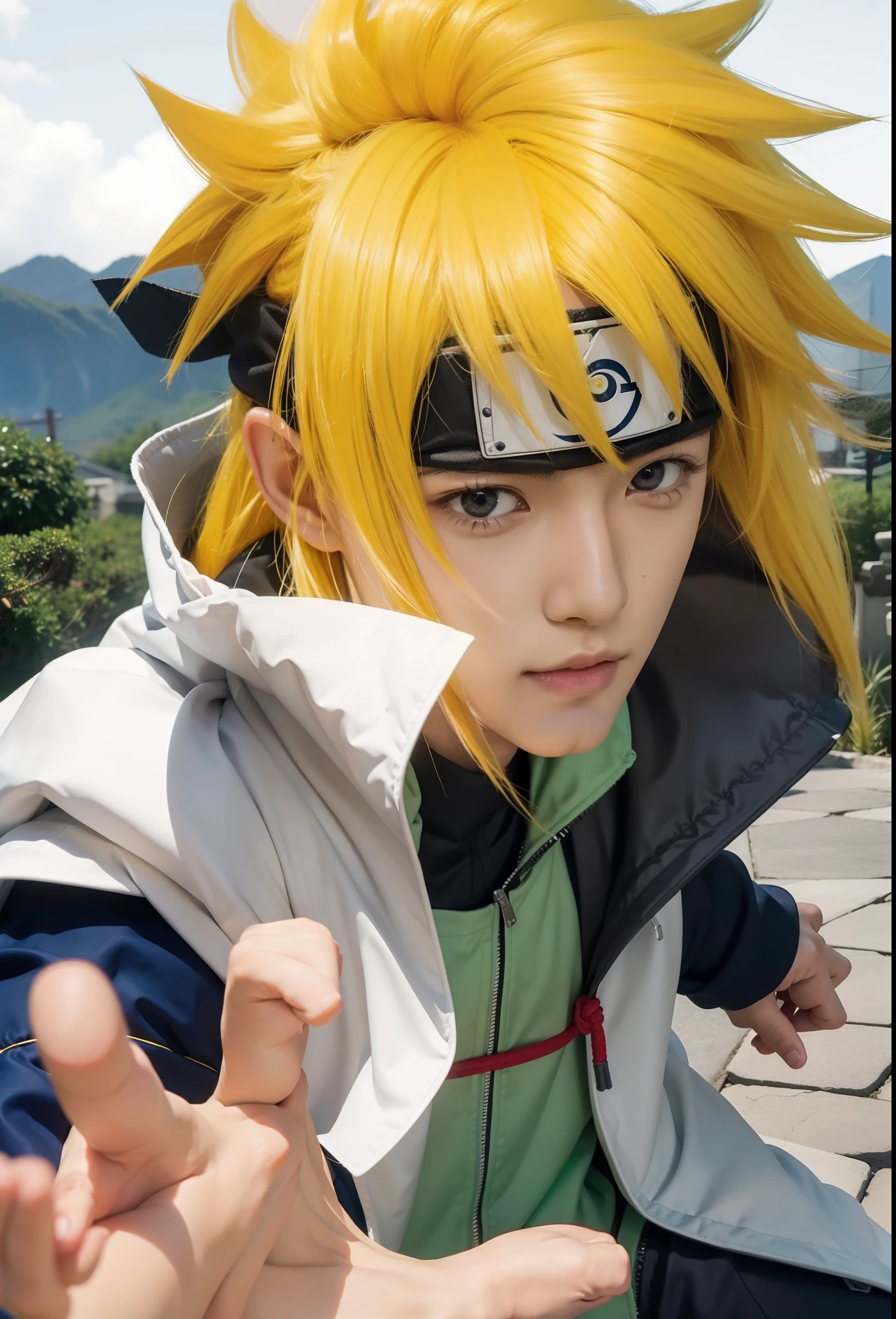 Real life adaption of this character,his name is Minato Namikaze from anime Naruto,Korean handsome face,realistic yellow messy hair,realistic outfit with white cloak,realistic light,realistic shadow,realistic background,(photorealistic:1.2),realistic hand ,