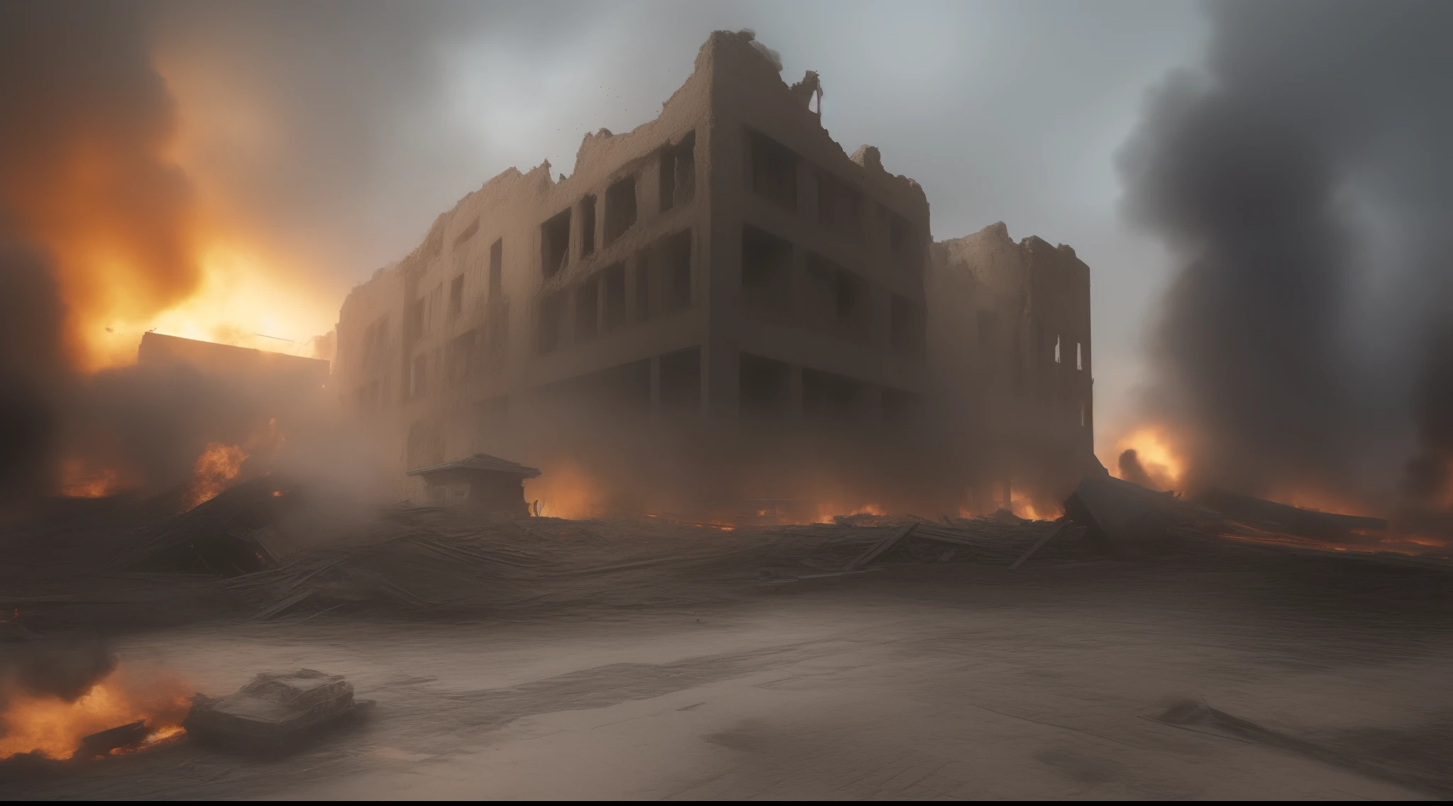 8k, best quality, realistic, masterpiece, war, destroyed building's, bomb blast, fire,