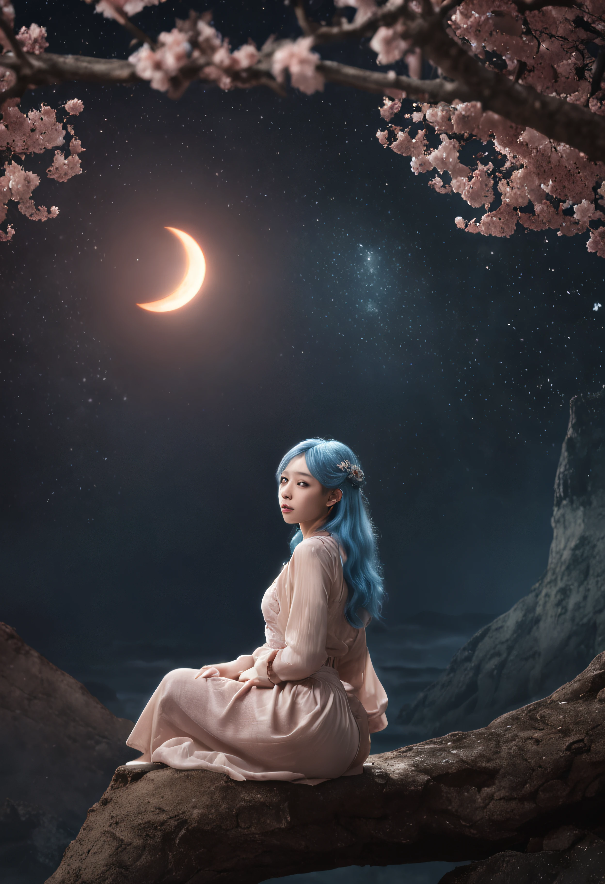(first person perspective, in a panoramic view,magic realism,surrealism,Chiaroscuro, anime illustration:1.5,,Masterpiece, hyper HD, Super detail, High details, Best quality, A high resolution, A high resolution, Award-Awarded, Award-Awarded, Anatomically correct, 8K),(Delicate anime girl:1.5,blue hairs,sitting on a moon:1.5,Peach blossoms with blurred foreground,the sea,clouds,A huge crescent moon levitates in space,Peaceful night sky in the background,A lot of meteors),( Chic girl,anatomy correct,Cinematic lighting,senior color matching,Dark background)