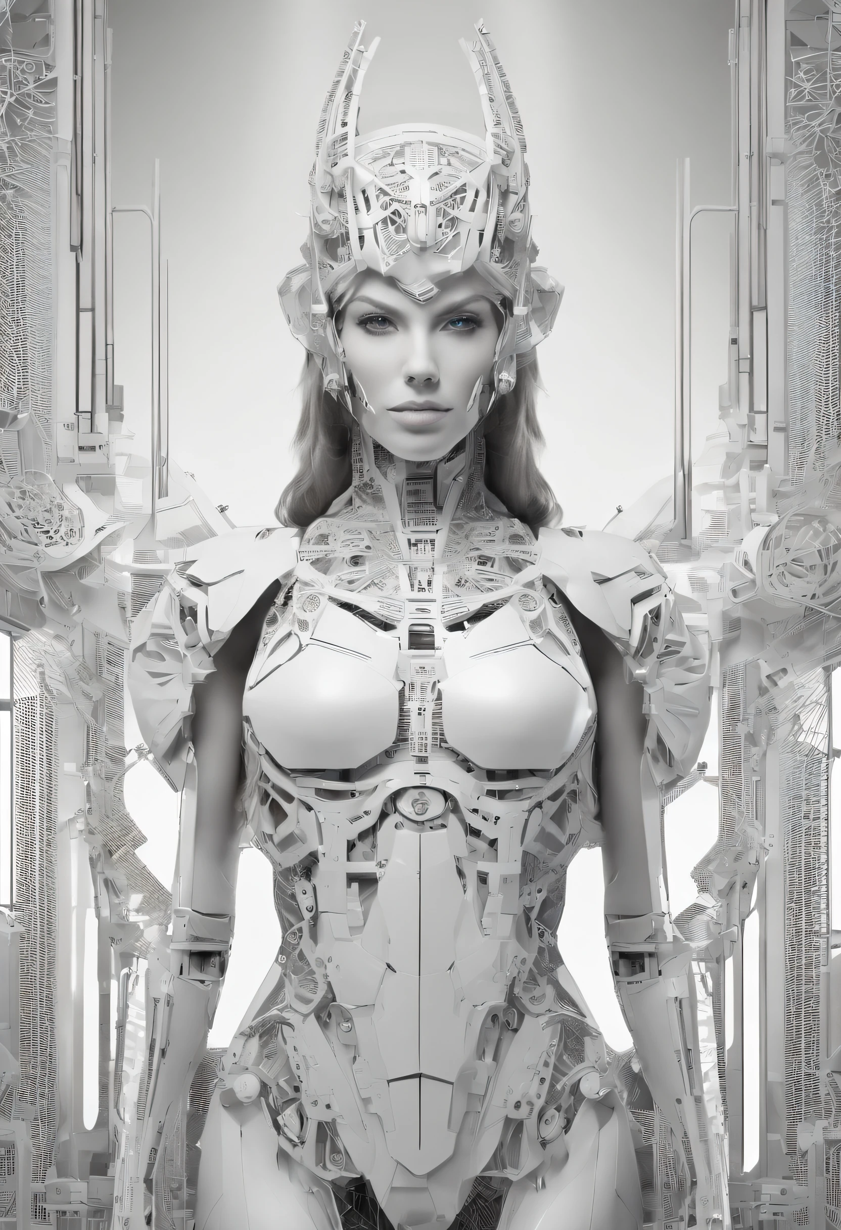 (Natural hormones for women),Cyberpunk,Mechanical,blue eye glows,metal surfaces,Digital display,advanced technique,Futuristic,Neon light,electromagnetic field,Sharp edges,streamlined line design,Numerical Biology,Biomechanical,mystical ambiance,Glass visor,heightened senses,Energetic posture,Invisible circuits,holographic projections,Colored wires,Full body photo of a pure white female cyborg