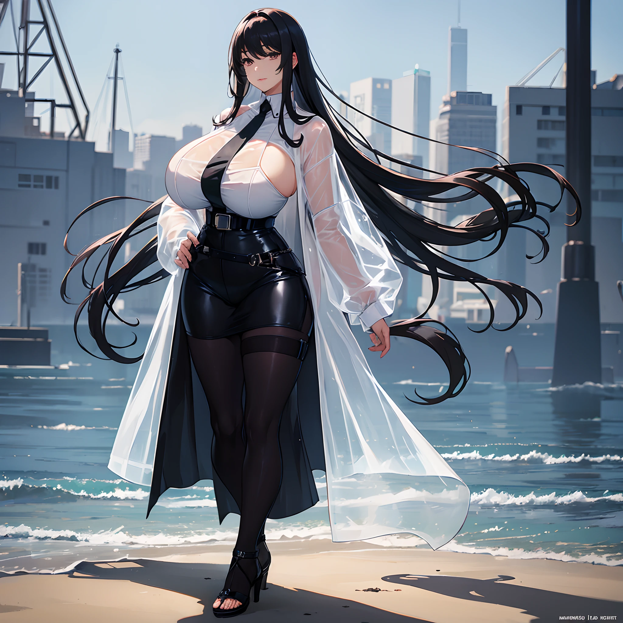 (huge tits:1.3),(((solo)))，Clear plastic raincoat，Belt bra，Black pantyhose，Long black hair，Black colored eyes，Black high-heeled sandals，stand on sand，hand behind head，ssmile