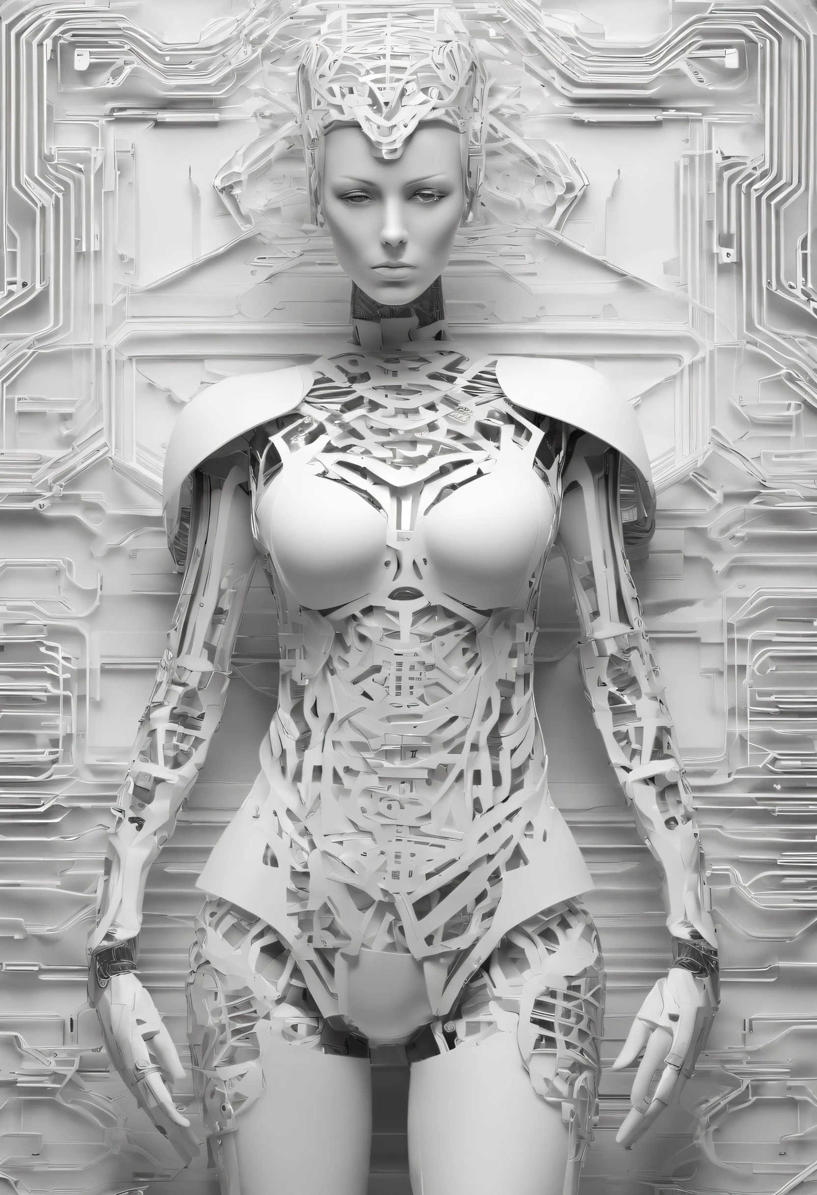 (Natural hormones for women),Cyberpunk,Mechanical,blue eye glows,metal surfaces,Digital display,advanced technique,Futuristic,Neon light,electromagnetic field,Sharp edges,streamlined line design,Numerical Biology,Biomechanical,mystical ambiance,Glass visor,heightened senses,Energetic posture,Invisible circuits,holographic projections,Colored wires,Full body photo of a pure white female cyborg