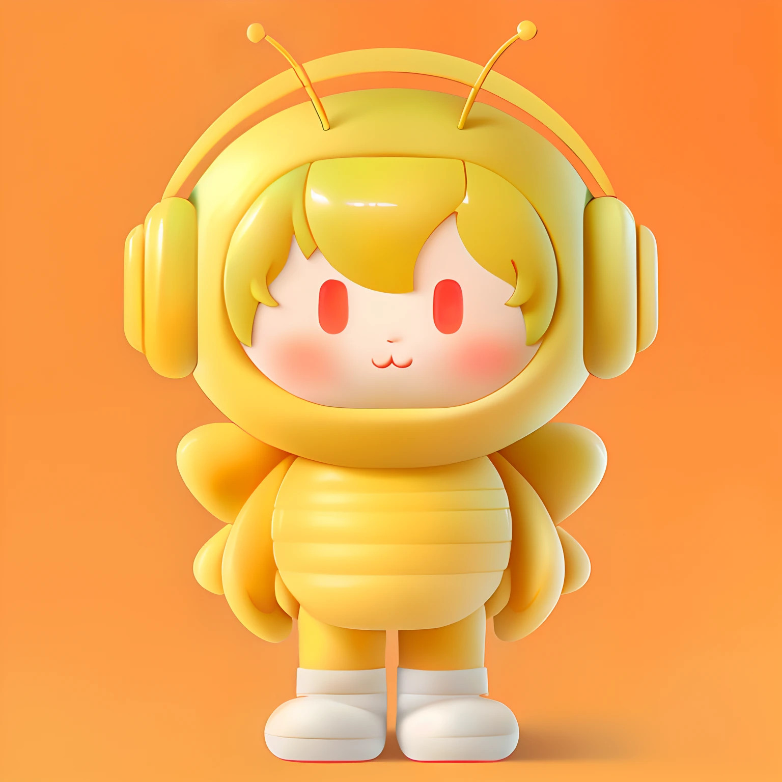 2.5D,k hd,Rich in detail,8K,largeeyes,Full body character drawing,Cute cartoon style,Character drawing,candypunk character design,Little boy,Boy in bee doll costume wearing headphones,white backgrounid,lovely art style