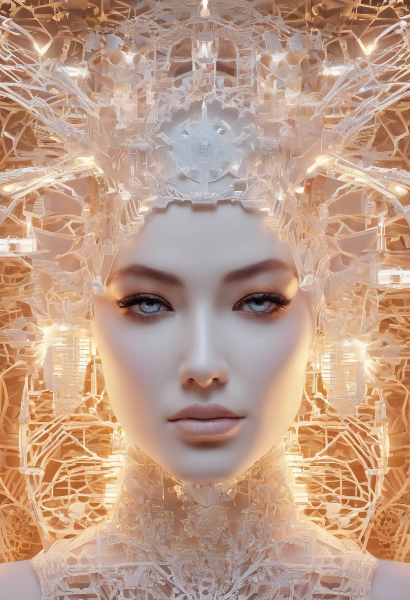 (Natural hormones for women),Cyberpunk,Mechanical,blue eye glows,metal surfaces,Digital display,advanced technique,Futuristic,Neon light,electromagnetic field,Sharp edges,streamlined line design,Numerical Biology,Biomechanical,mystical ambiance,Glass visor,heightened senses,Energetic posture,Invisible circuits,holographic projections,Colored wires,Full body photo of a pure white female cyborg