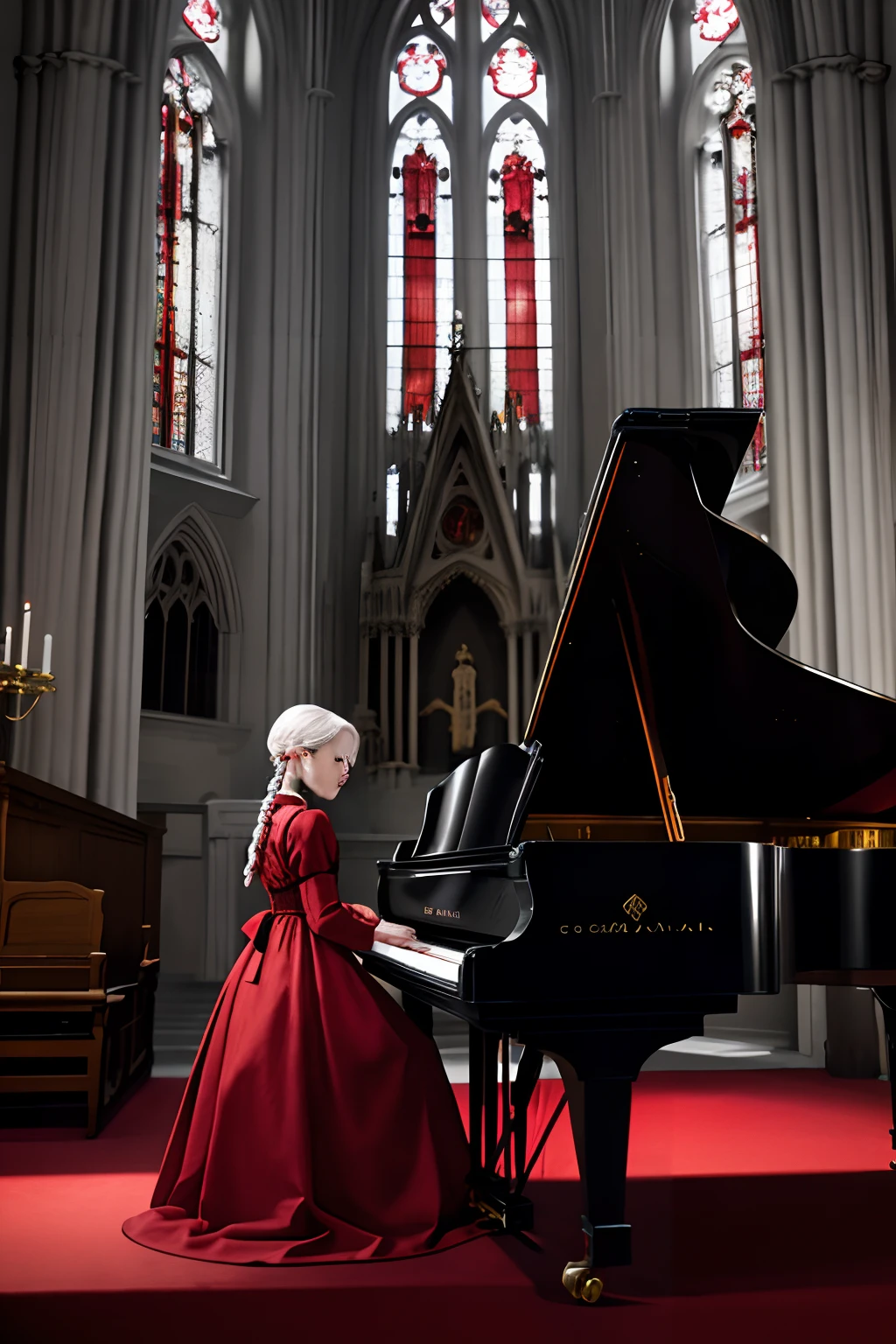 1 man,red color eyes,with short white hair,A small braid,Grand background,Gorgeous Gothic church,Central piano,Play Requiem