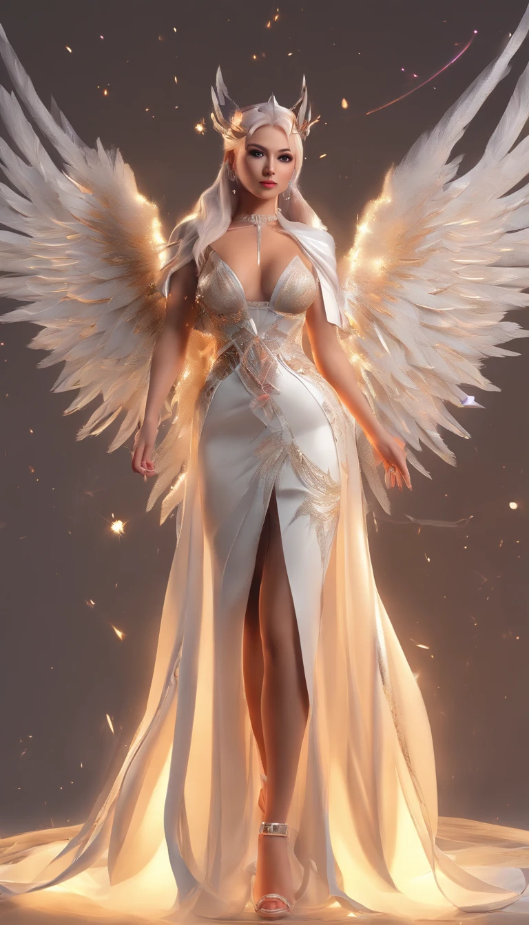 Divine six-winged angel，angelic halo，with light glowing，Extra-long white hair dragged on the ground，huge boob，Well-developed muscles，Huge wide hips，Pronounced abs，thick leg，long leges，Thick leg muscles，Exaggerated body proportions，Gorgeous high heels，Large area tattoos，Light particles，Holy，Clothes are not covered，sexy for，Realistic style，Ultra-clear HD，full body shot shot