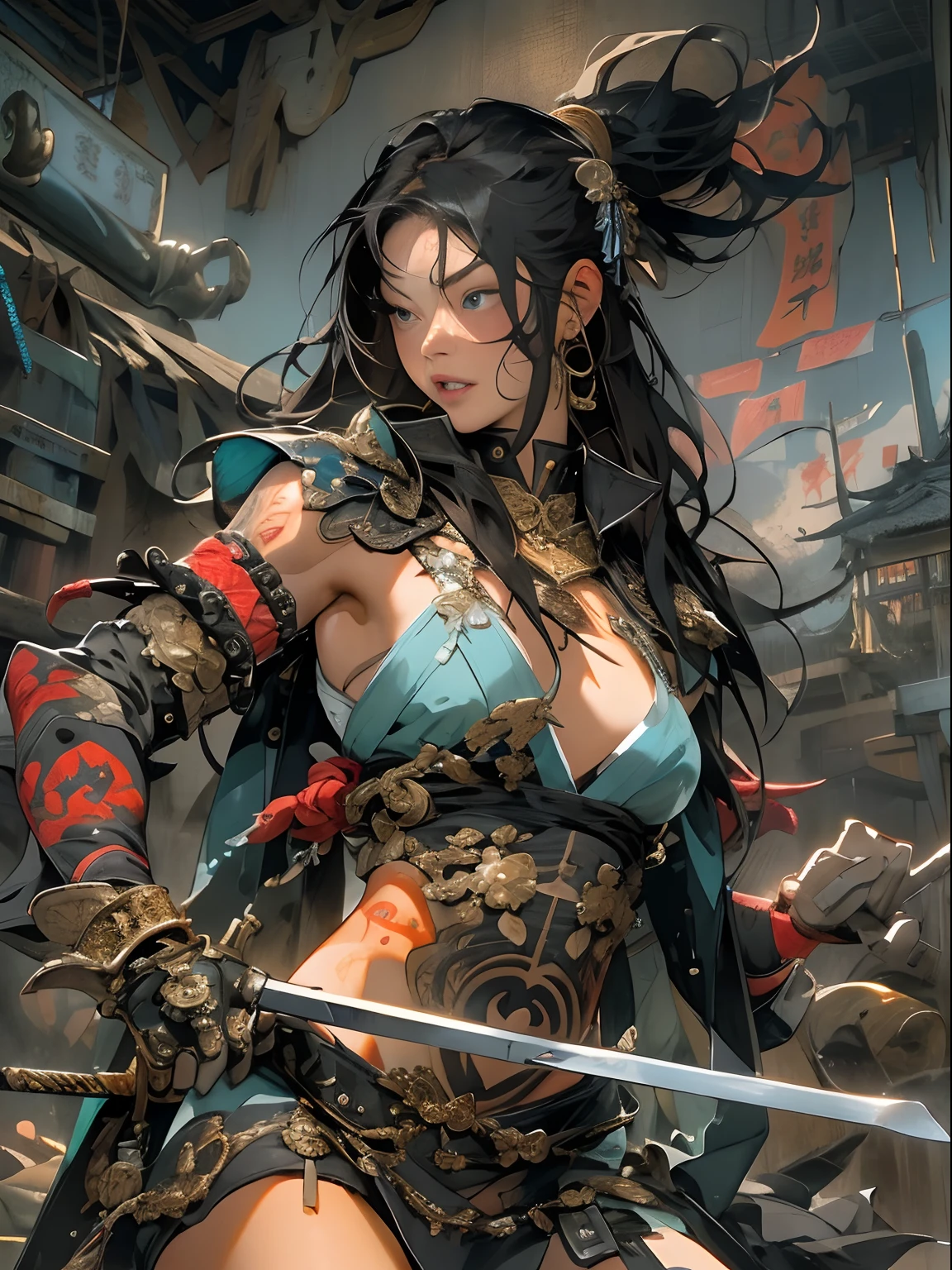(((woman))), (((best qualityer))), (((tmasterpiece))), (((AS-Adult))), ((( Japanese ))), Look up from your knees, A beautiful asian samurai woman with perfect body, Modern samurai, ((( Asian))), Wear gloves on your hands,The left arm is made of steel and metal tips,Made of protective devices, The eyes are pulled, (( Appears below the breast )), (( Small dental floss )), Simon Bisley, Almost naked(Simon Bisley)Castle City Wilderness,For high-resolution posters, hair straight, Minimum clothing, armure (Crazy clothes ), Full of tips and rivets, tribal tattoos, (((full bodyesbian))), Straight brunette hair,Colored hair ends