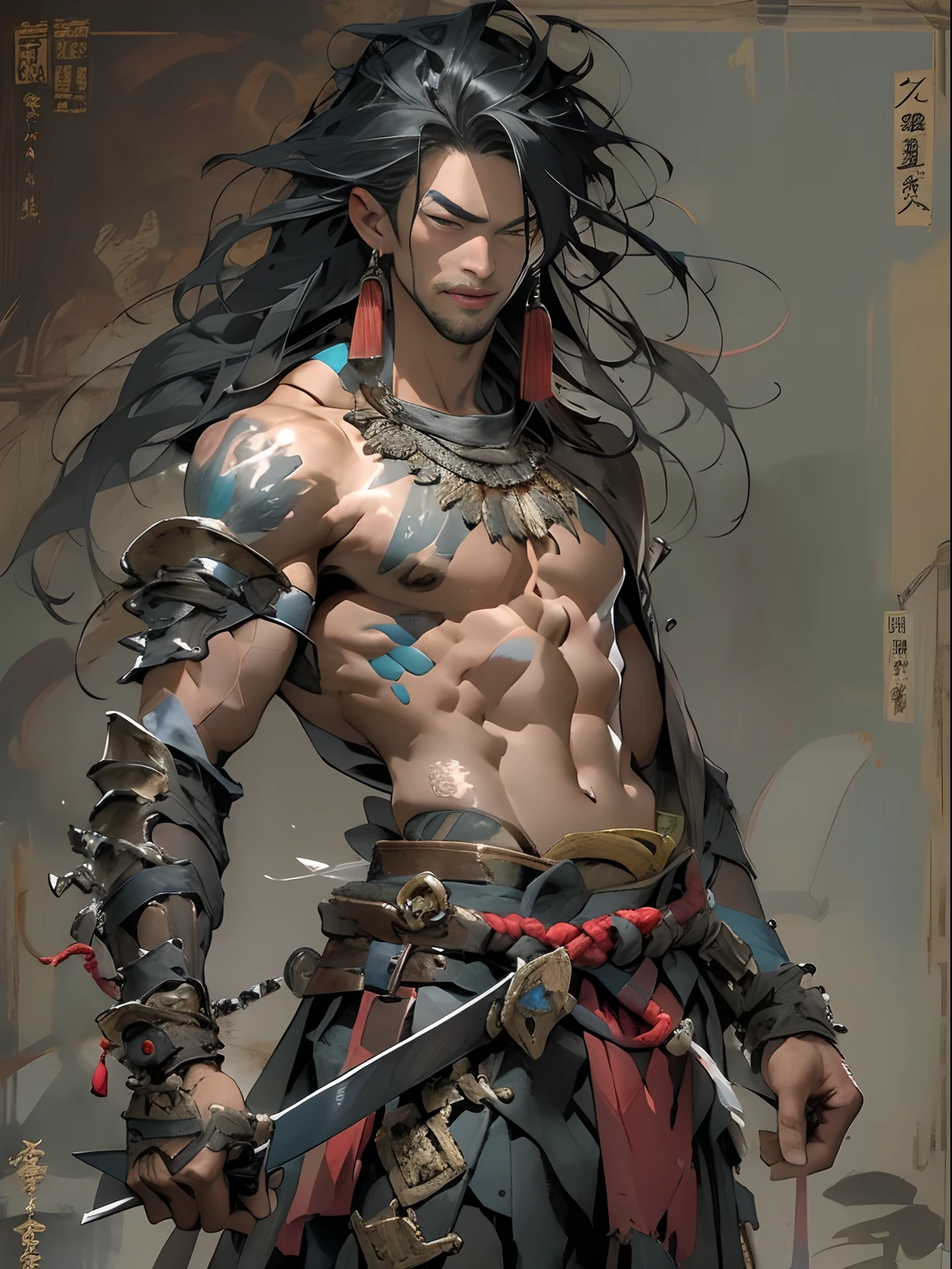 Realistic,Hot muscula Male concubine in the Han dynasty on his knees with legs spread apart, wearing ancient revealing Chinese dress with long hair and masculine features.Battle scars