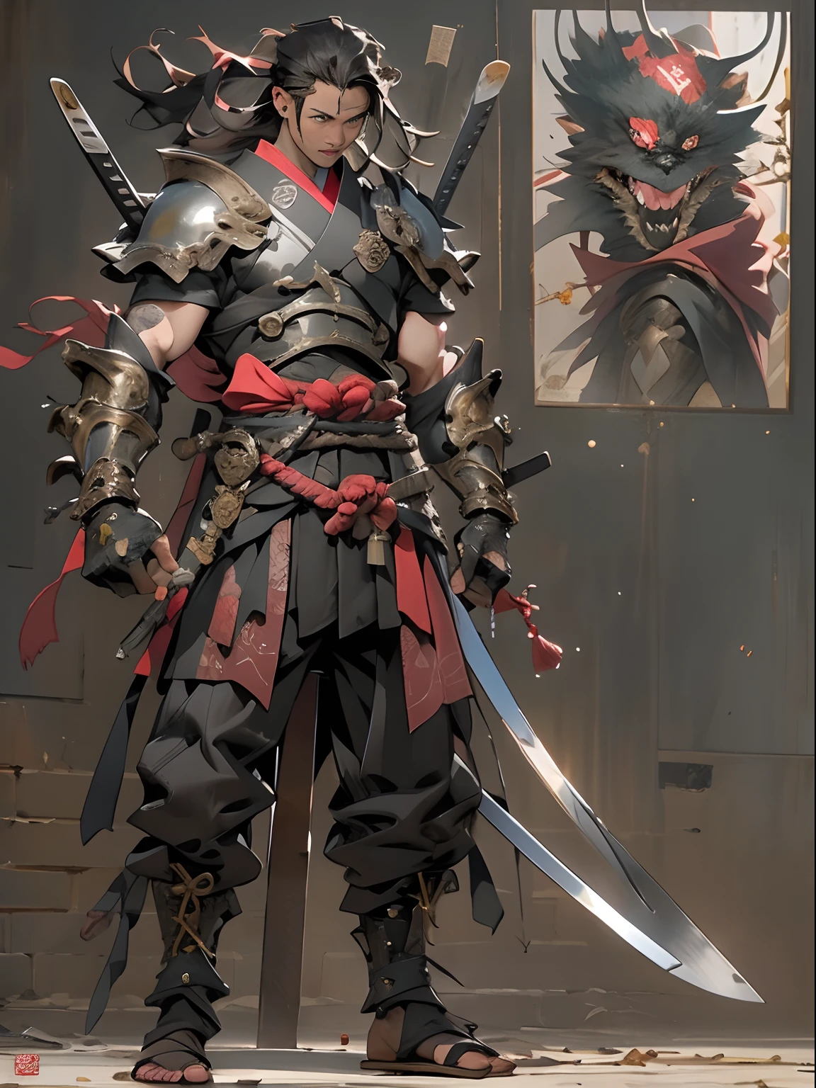 (((mtu))), (((best qualityer))), (((tmasterpiece))), (((AS-Adult))), ((( Japanese ))), Look up from your knees, Handsome Asian samurai,perfect body figure, Modern samurai, ((( Asian))), Wear gloves on your hands,The left arm is made of steel and metal tips,Made of protective devices, The eyes are pulled, (( Appears below the chest )), (( Small dental floss )), Simon Bisley, Almost naked(Simon Bisley)Castle City Wilderness,For high-resolution posters, hair straight, Minimum clothing, armure (Crazy clothes ), Full of tips and rivets, tribal tattoos, (((full bodyesbian))), Straight brunette hair,Colored hair ends