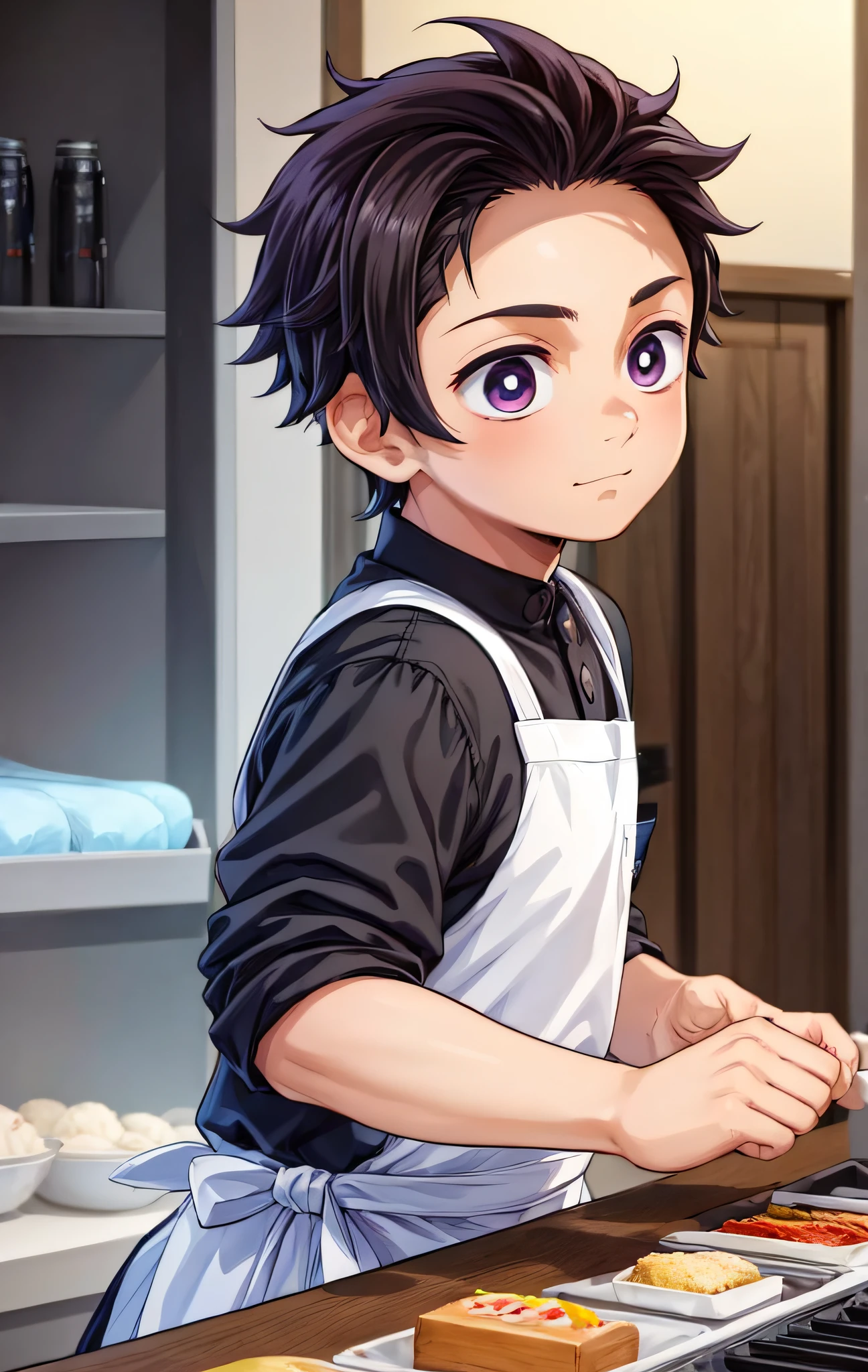 (1 boy:1.4),(Male face details:1.4),eye detailed,Cute,Wearing an apron、baker、kitchin、Hitting the cash register